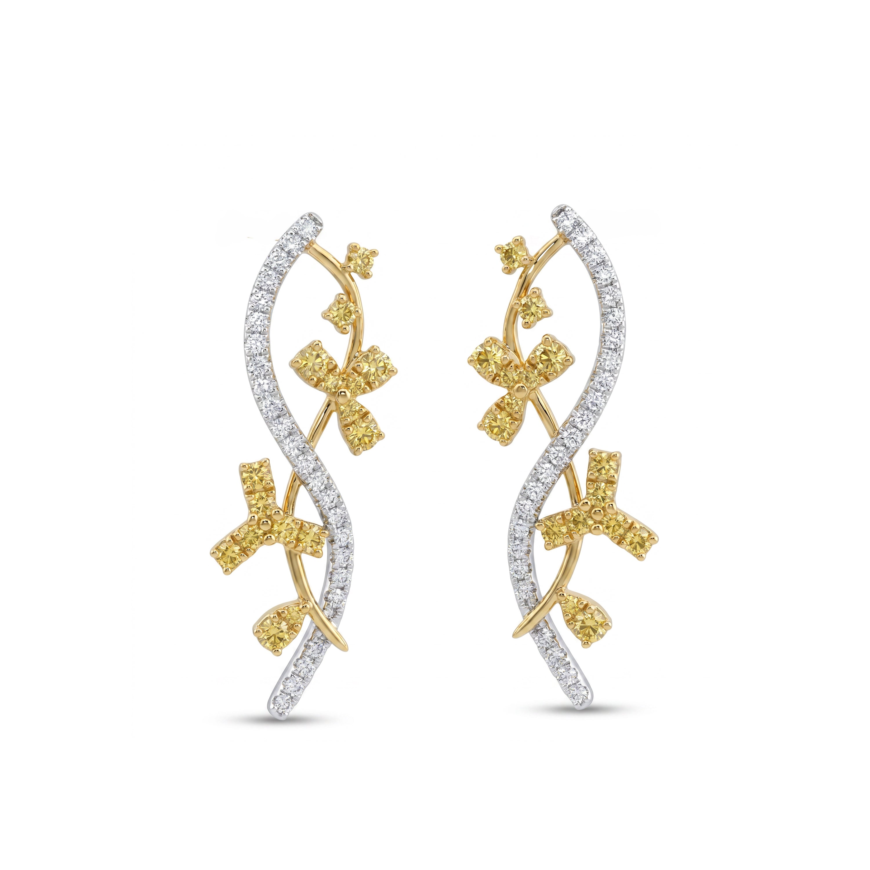 Natural Yellow & White Diamond Floral Vine Earrings