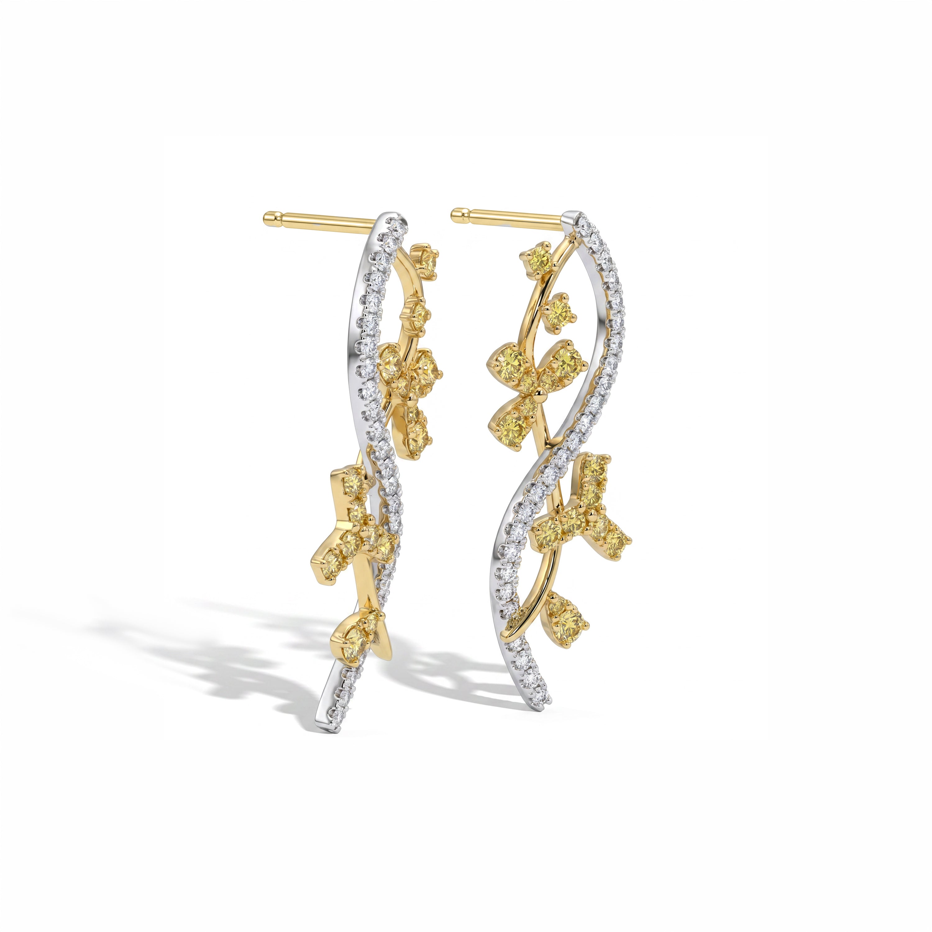 Natural Yellow & White Diamond Floral Vine Earrings