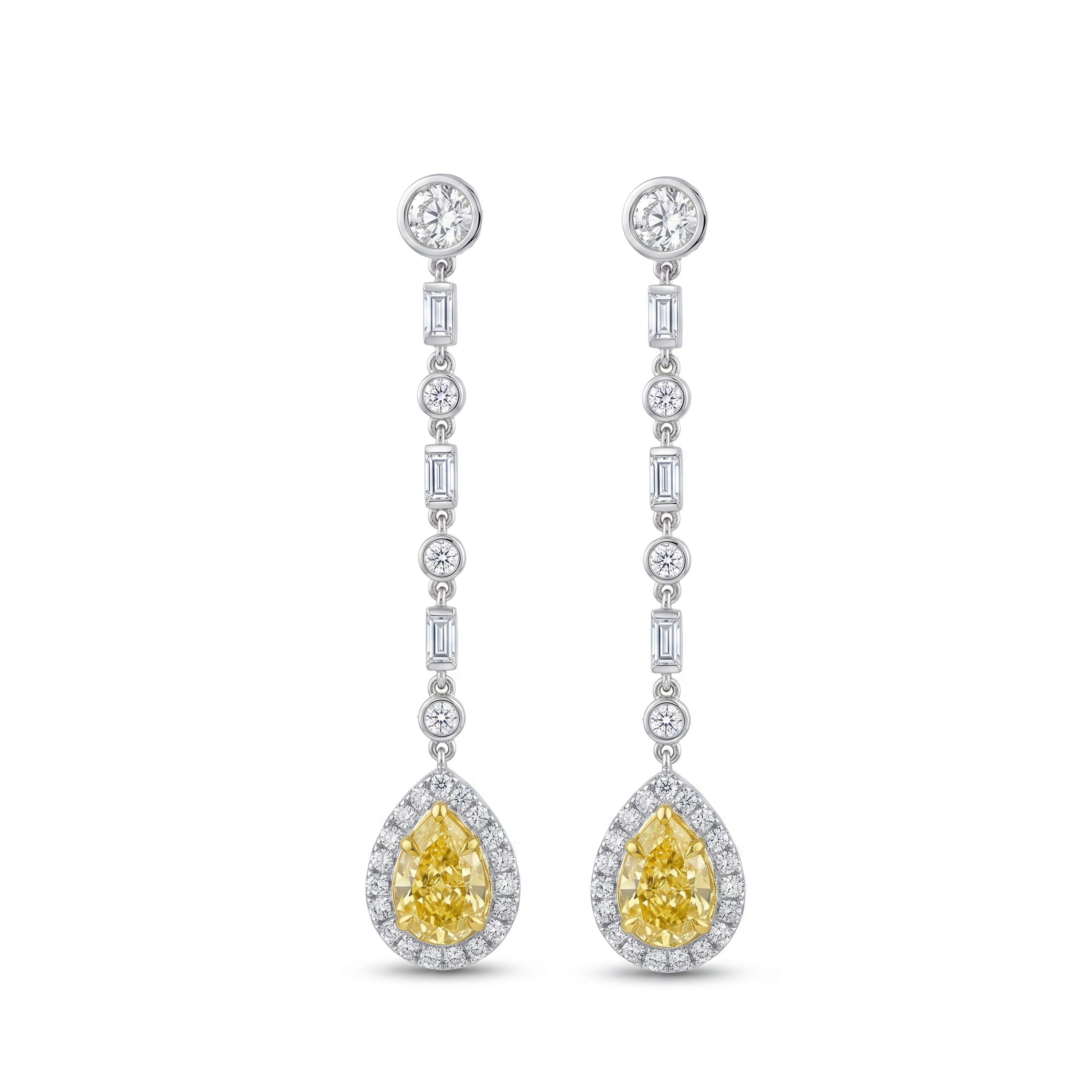 Natural Yellow Pear Diamond Halo Drop Earrings | GIA Certified