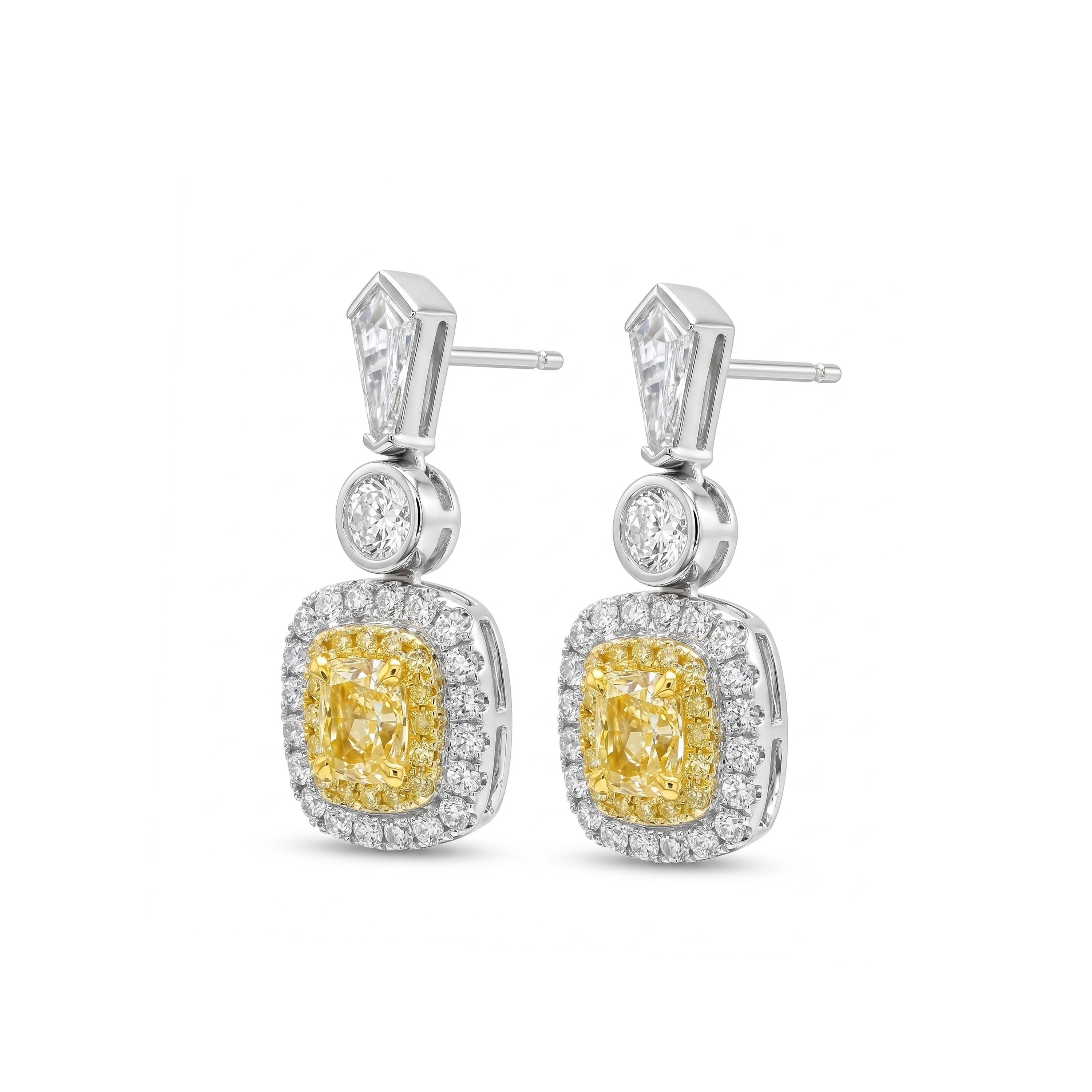 Natural Yellow Cushion & White Kite Diamond Halo Drop Earrings | GIA Certified
