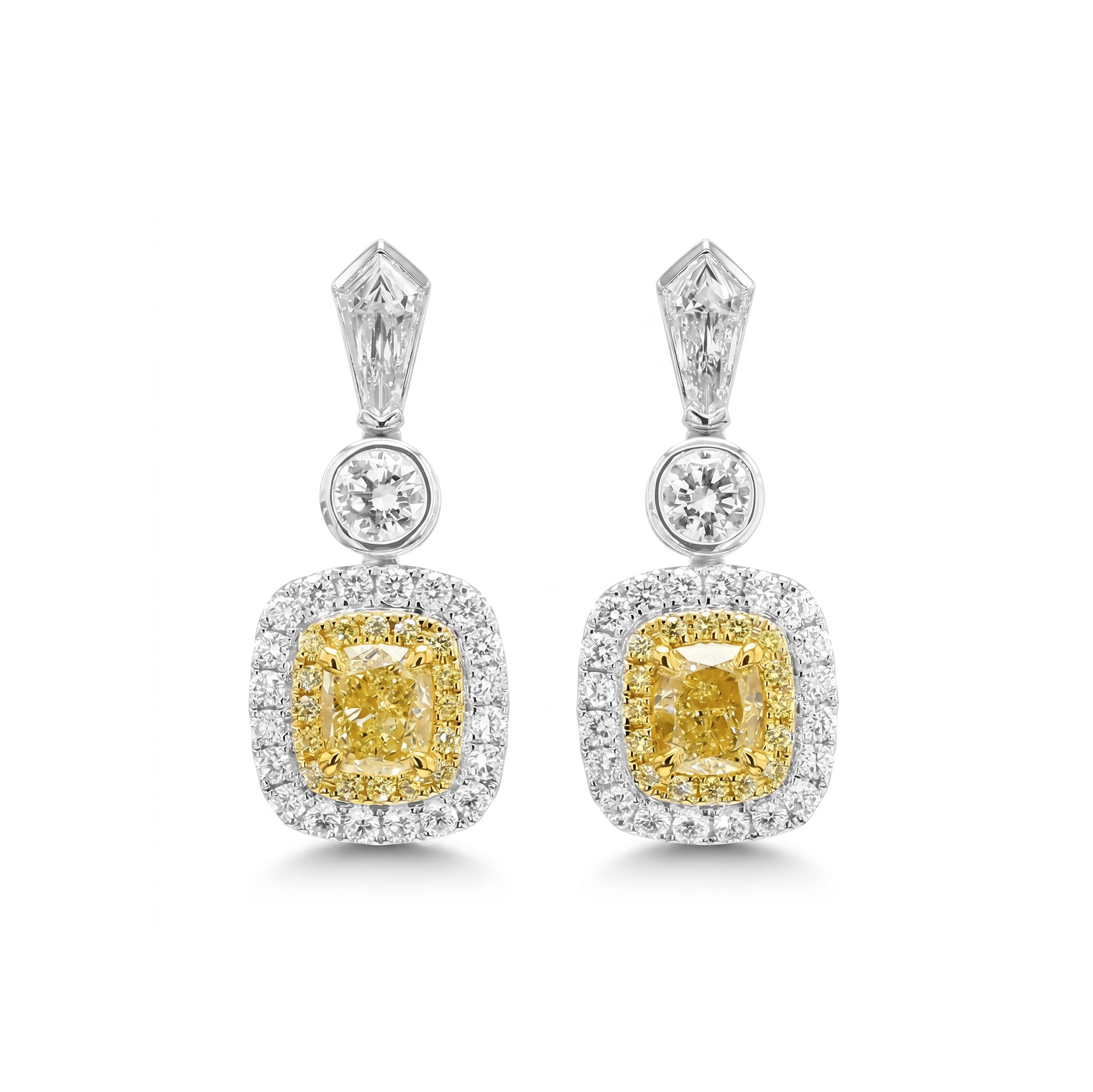 Natural Yellow Cushion & White Kite Diamond Halo Drop Earrings | GIA Certified