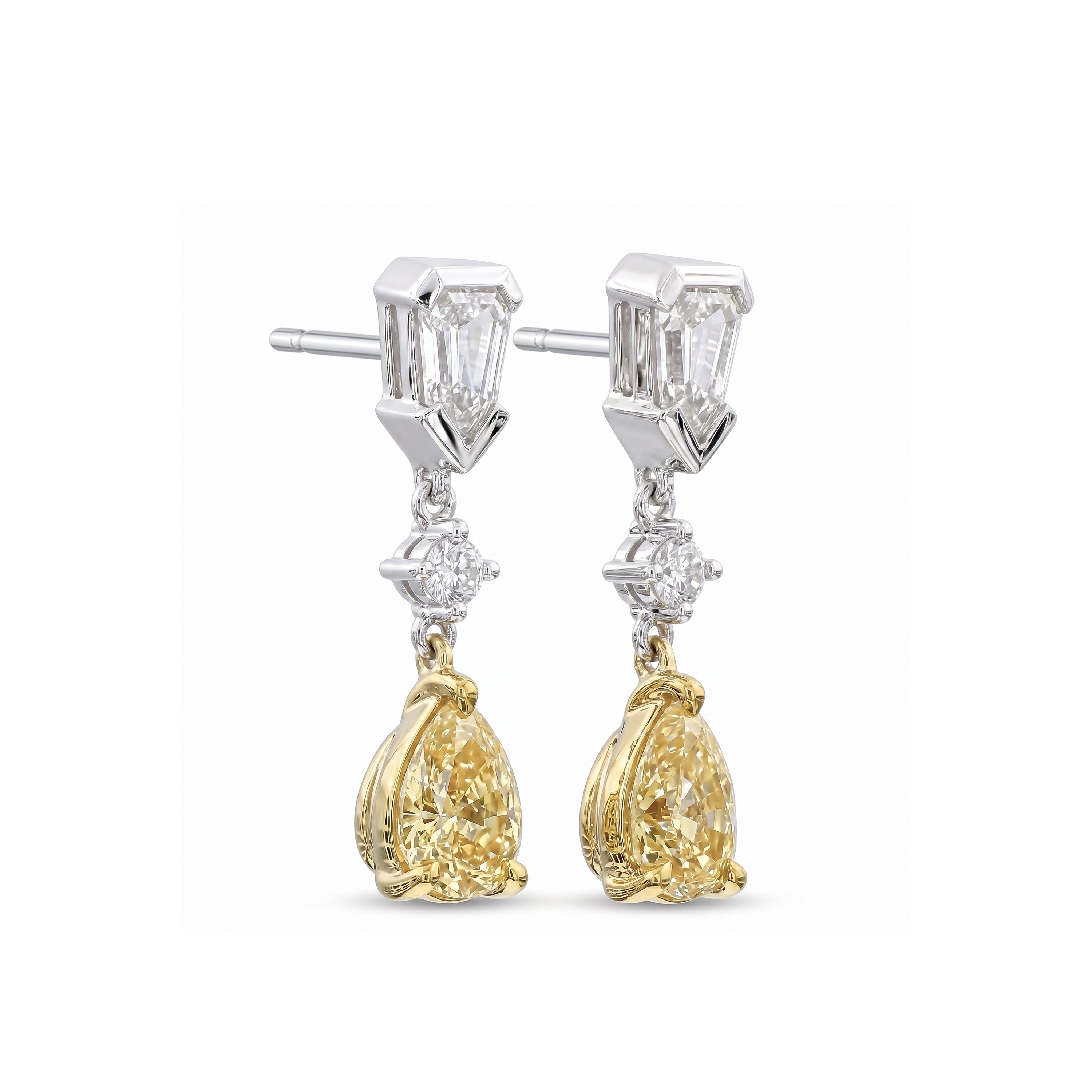 Natural Yellow Pear & White Shield Diamond Drop Earrings | GIA Certified