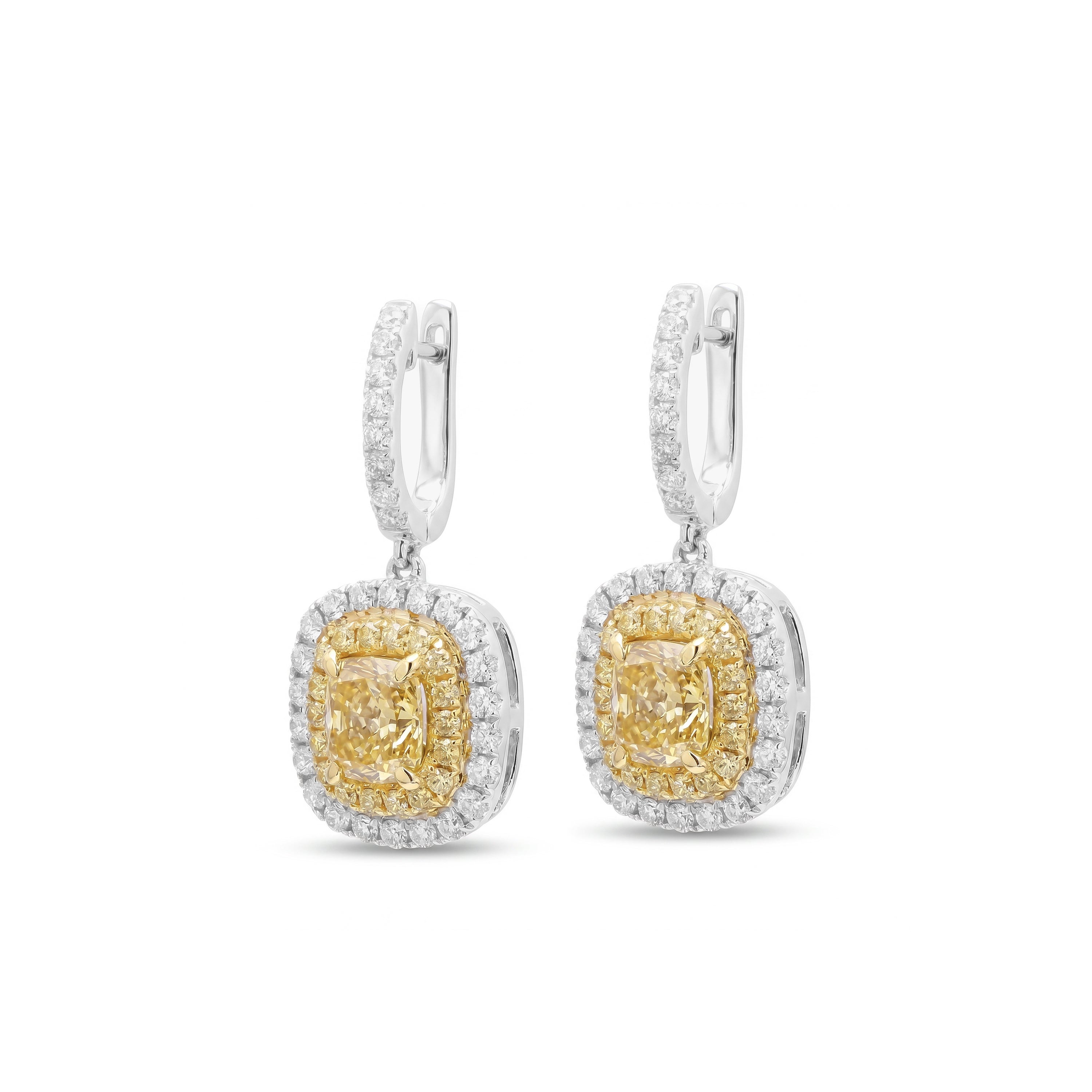 Natural Yellow Cushion Diamond Halo Drop Earring | GIA Certified
