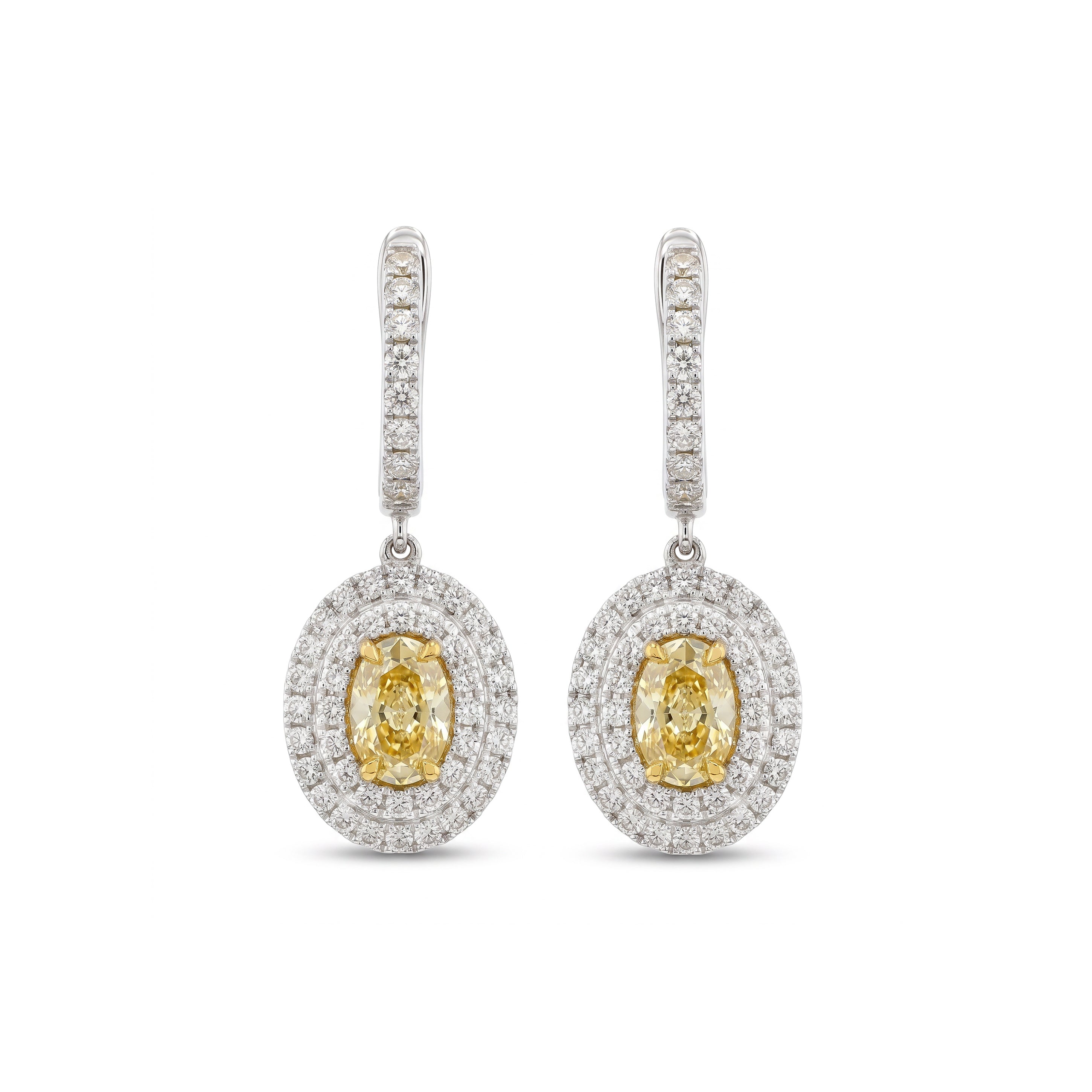 Natural Yellow Oval Diamond Halo Drop Earring | GIA Certified