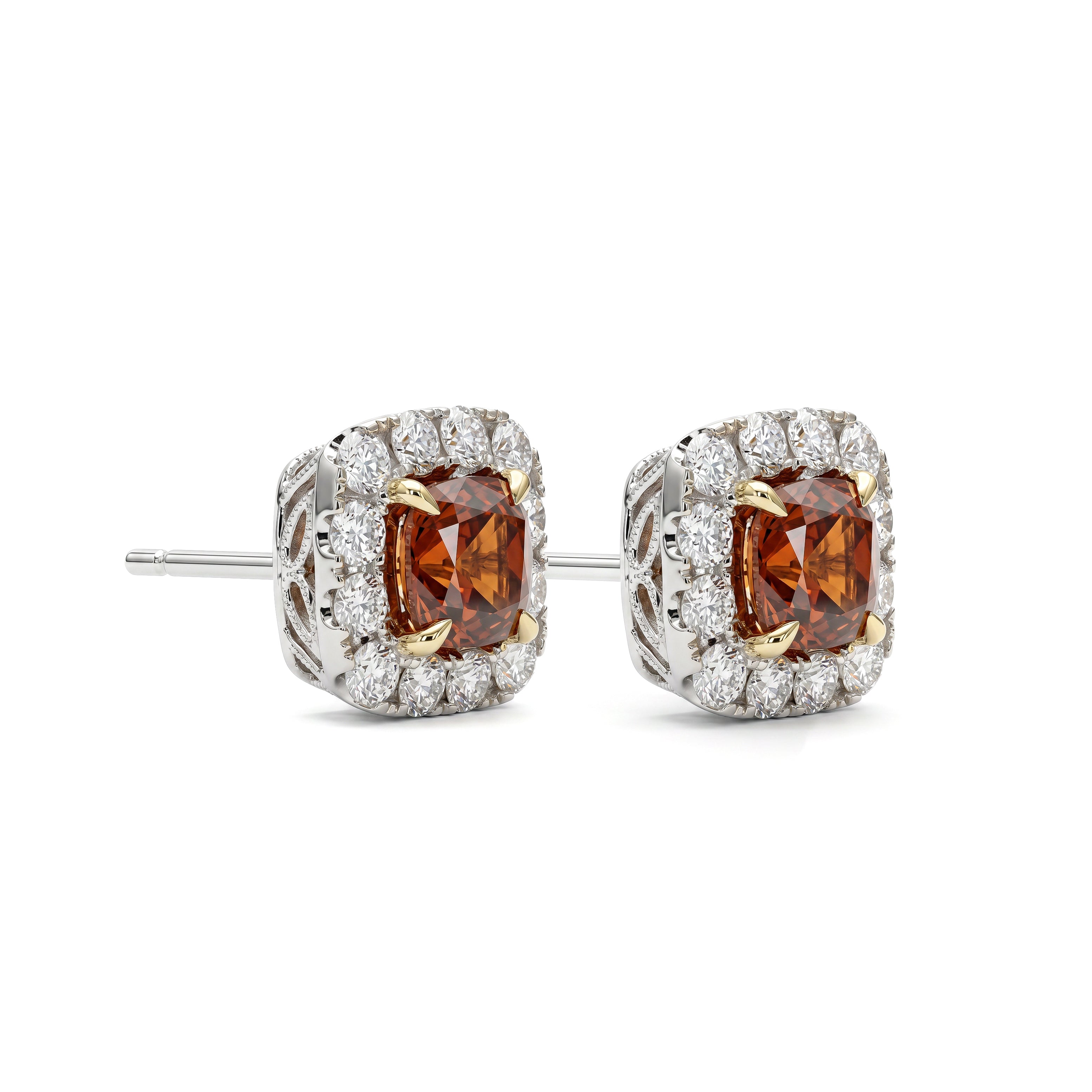 Natural Orange Cushion Diamond Halo Earrings | GIA Certified