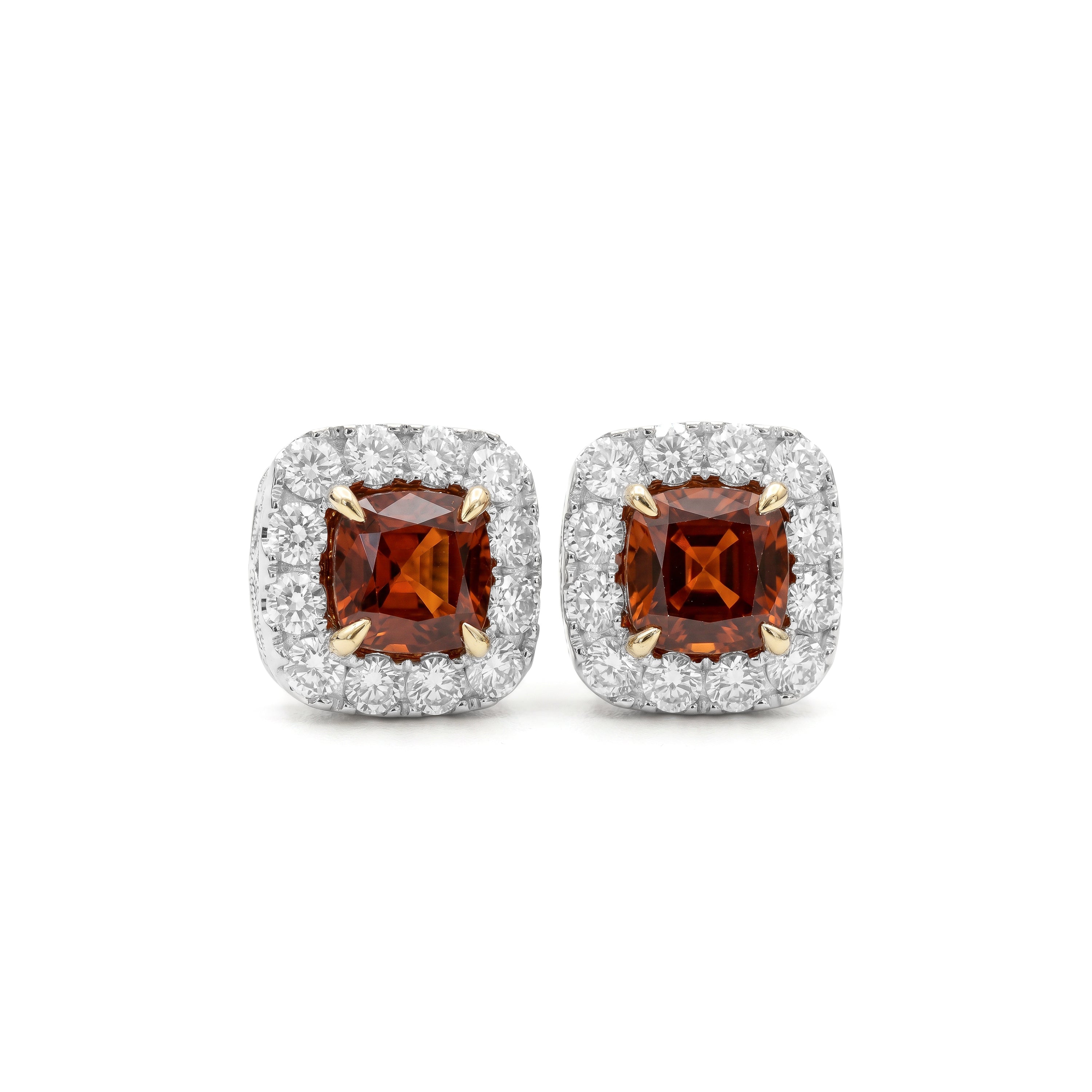 Natural Orange Cushion Diamond Halo Earrings | GIA Certified