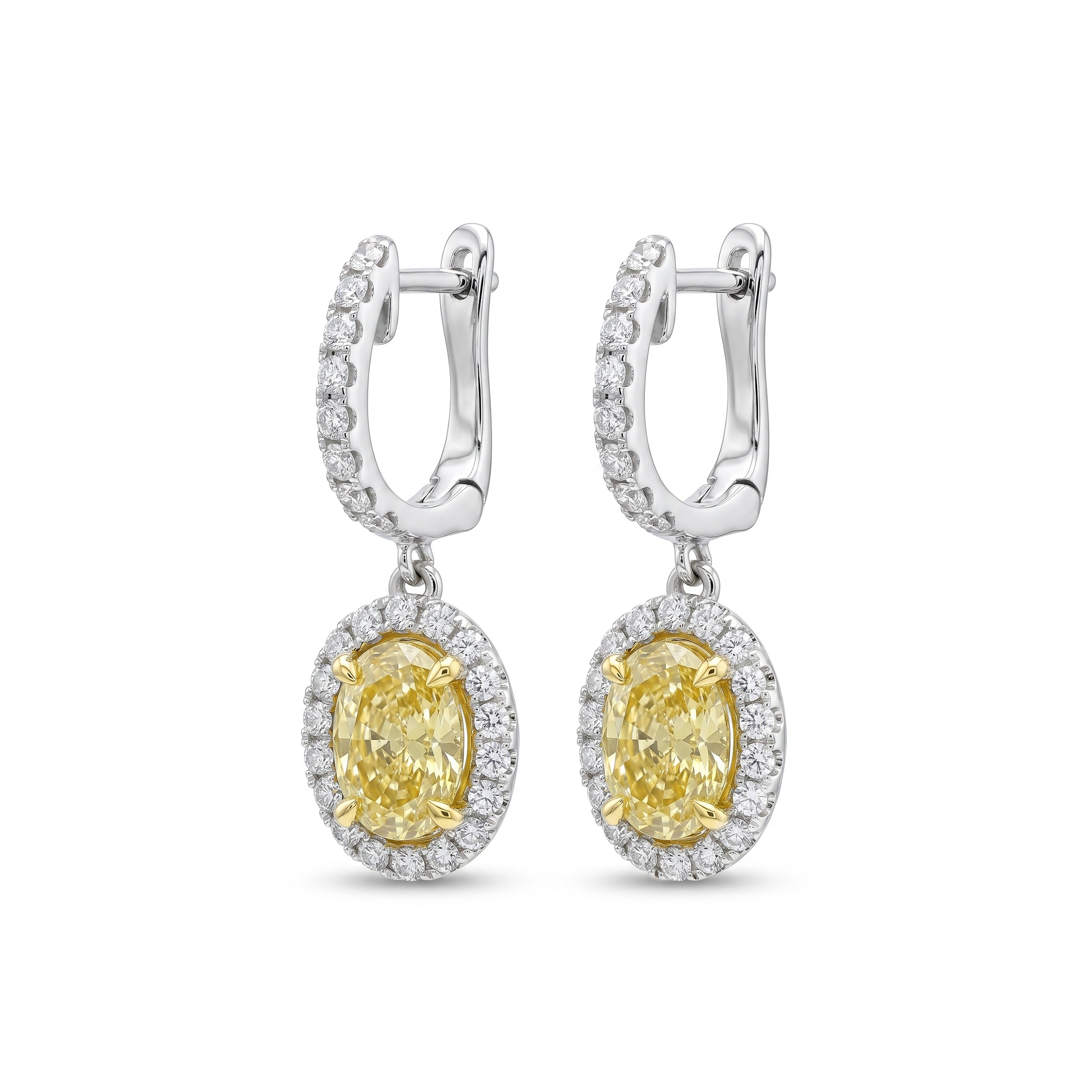 Natural Yellow Oval Diamond Halo Drop Earring | GIA Certified