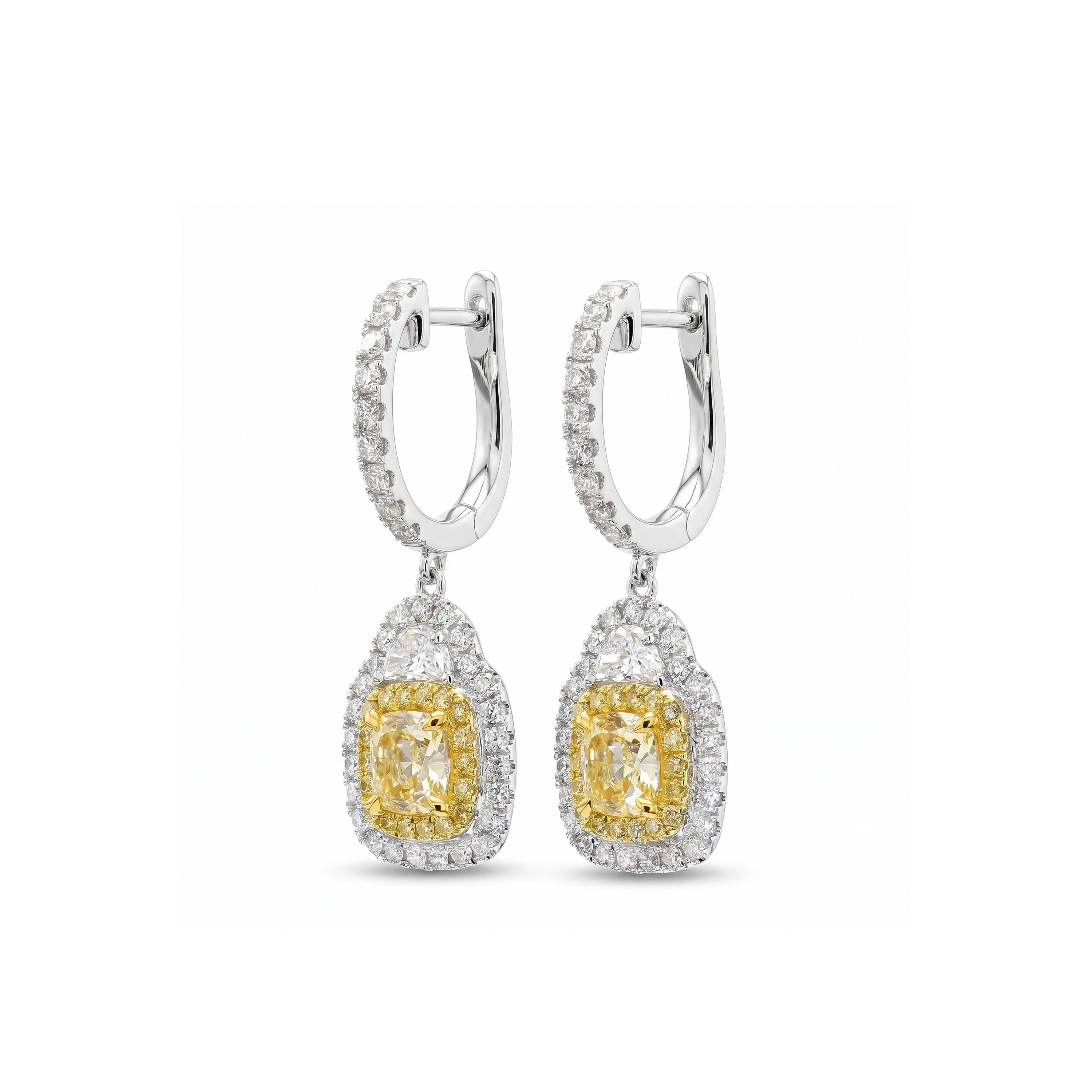 Natural Yellow Cushion Diamond Halo Drop Earrings | GIA Certified
