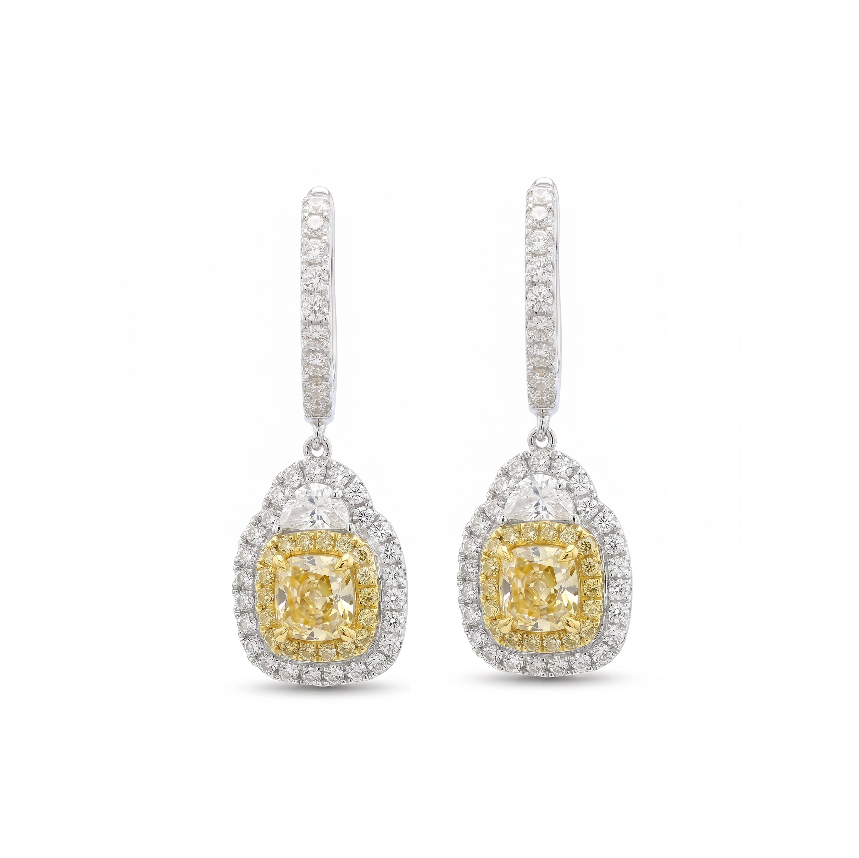 Natural Yellow Cushion Diamond Halo Drop Earrings | GIA Certified