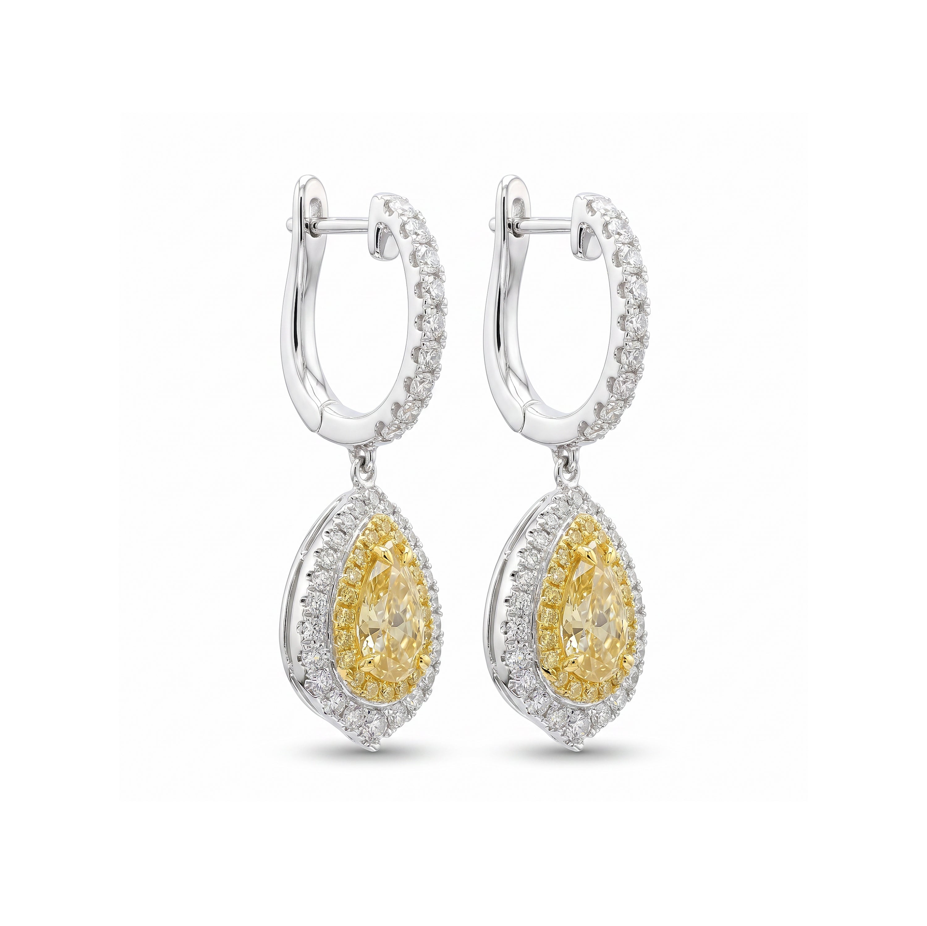 Natural Yellow Pear Diamond Halo Drop Earrings | GIA Certified