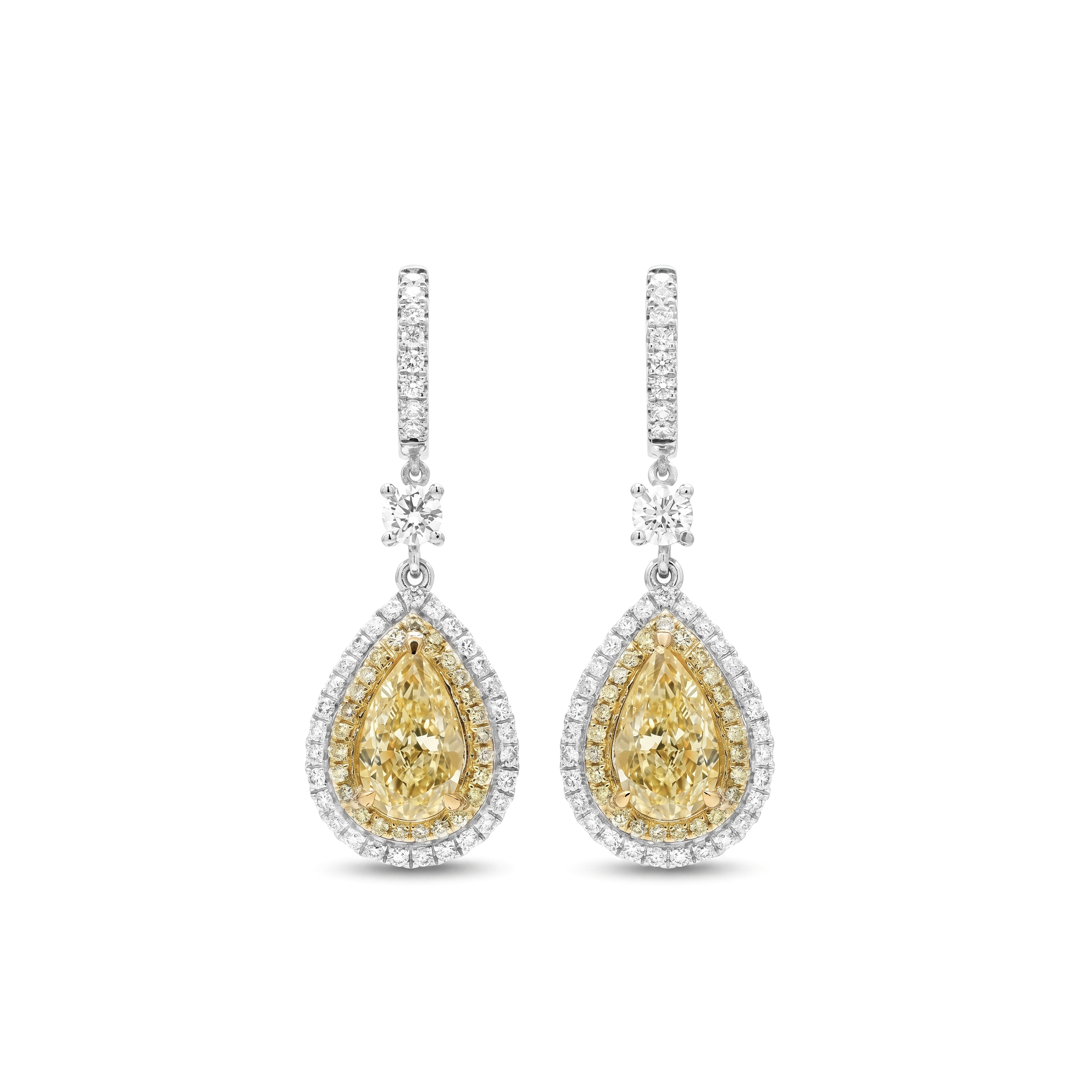 Natural Yellow Pear Diamond Halo Drop Earrings | GIA Certified
