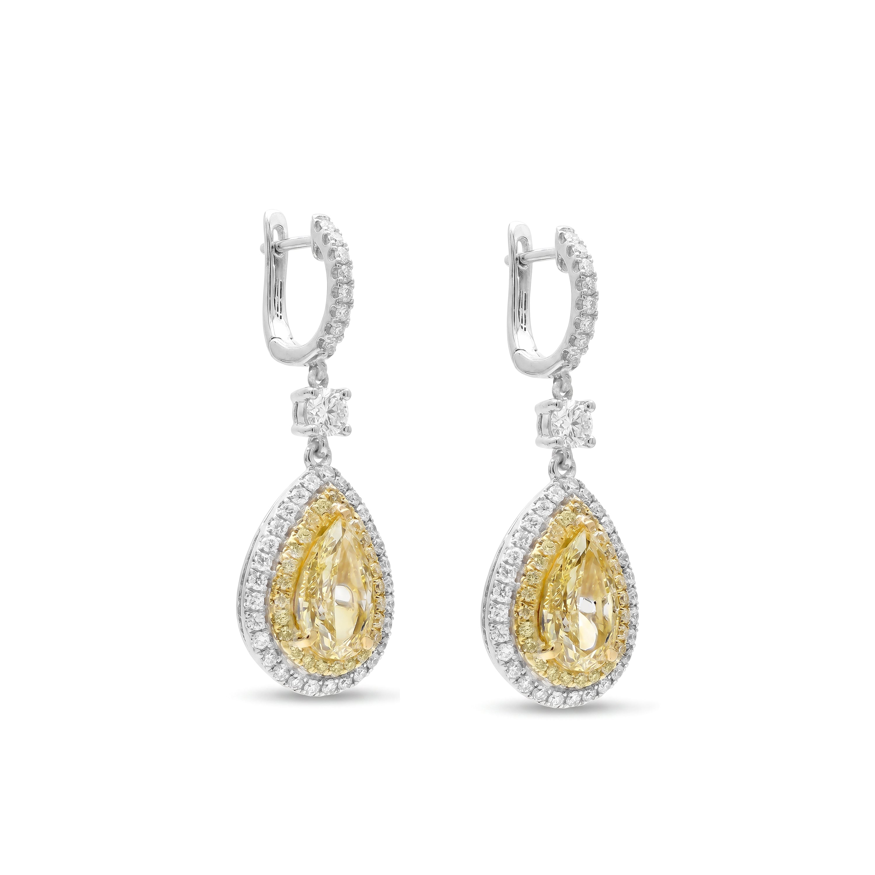 Natural Yellow Pear Diamond Halo Drop Earrings | GIA Certified