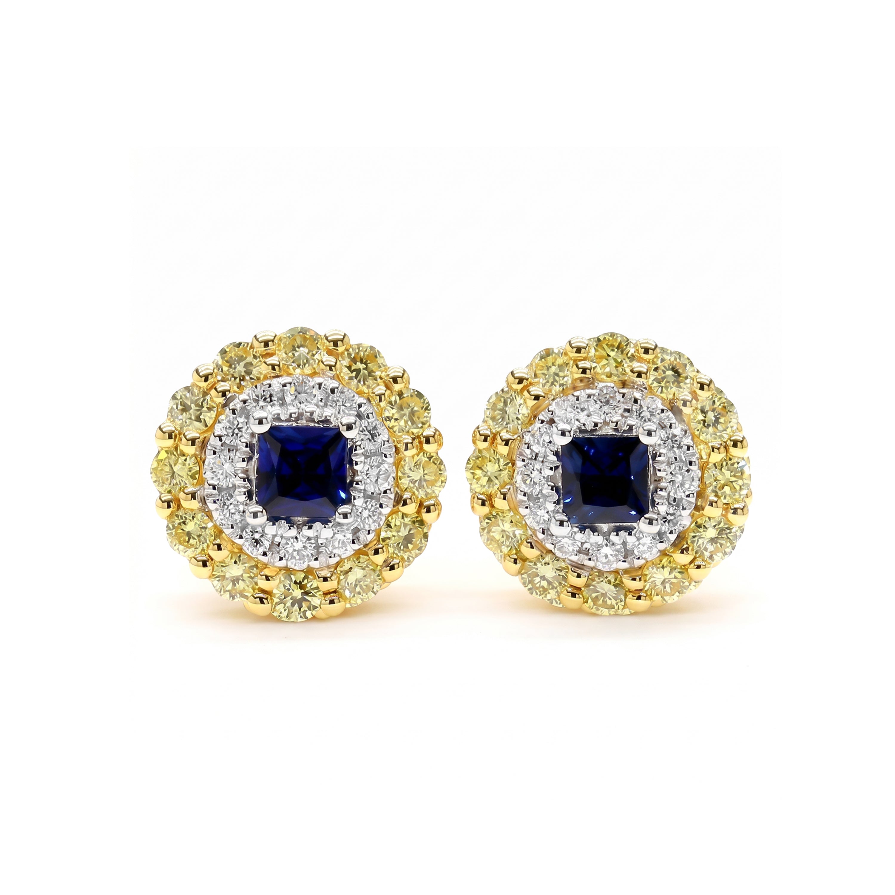 Natural Sapphire & Yellow Diamond Halo Earrings