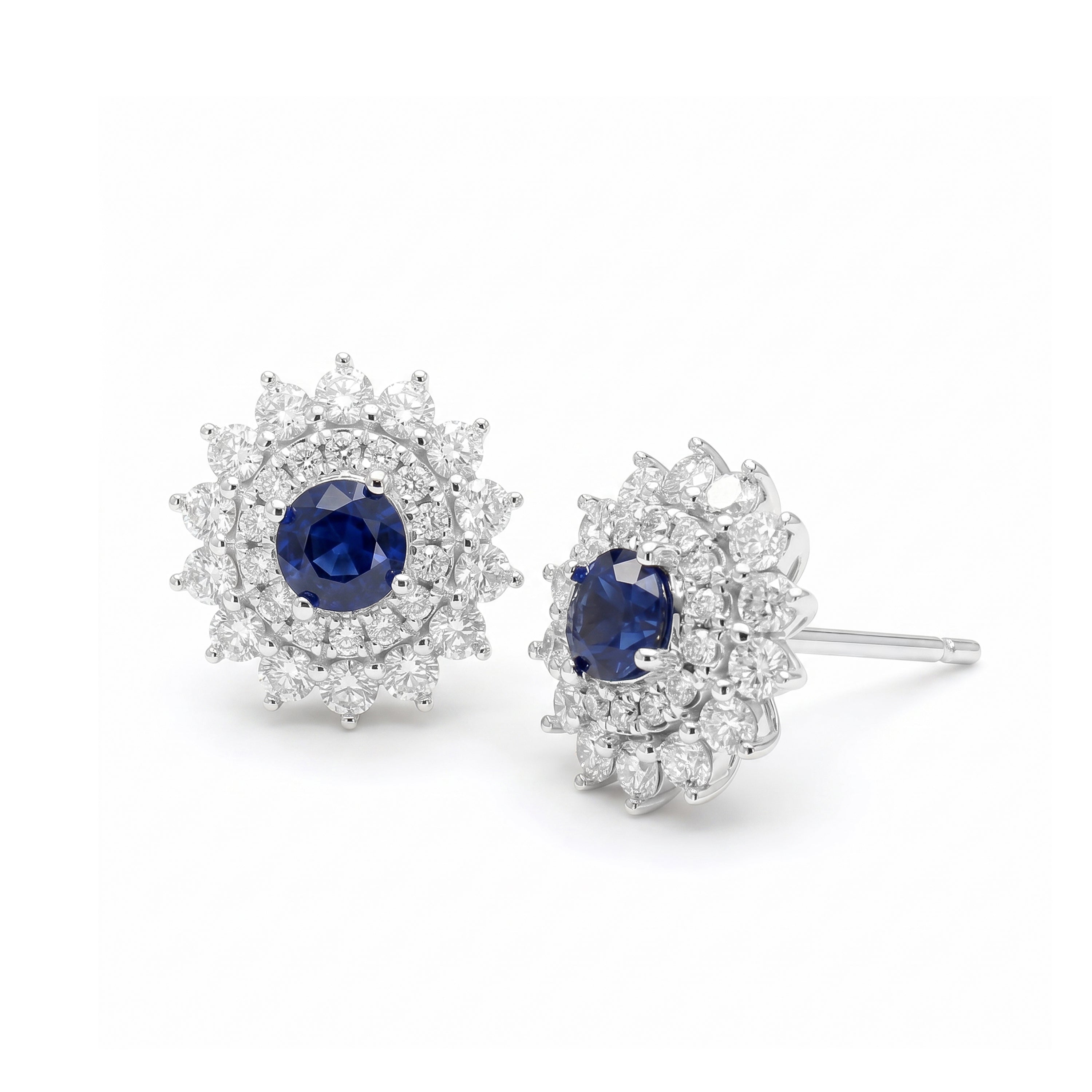Natural Round Sapphire & Diamond Halo Earrings