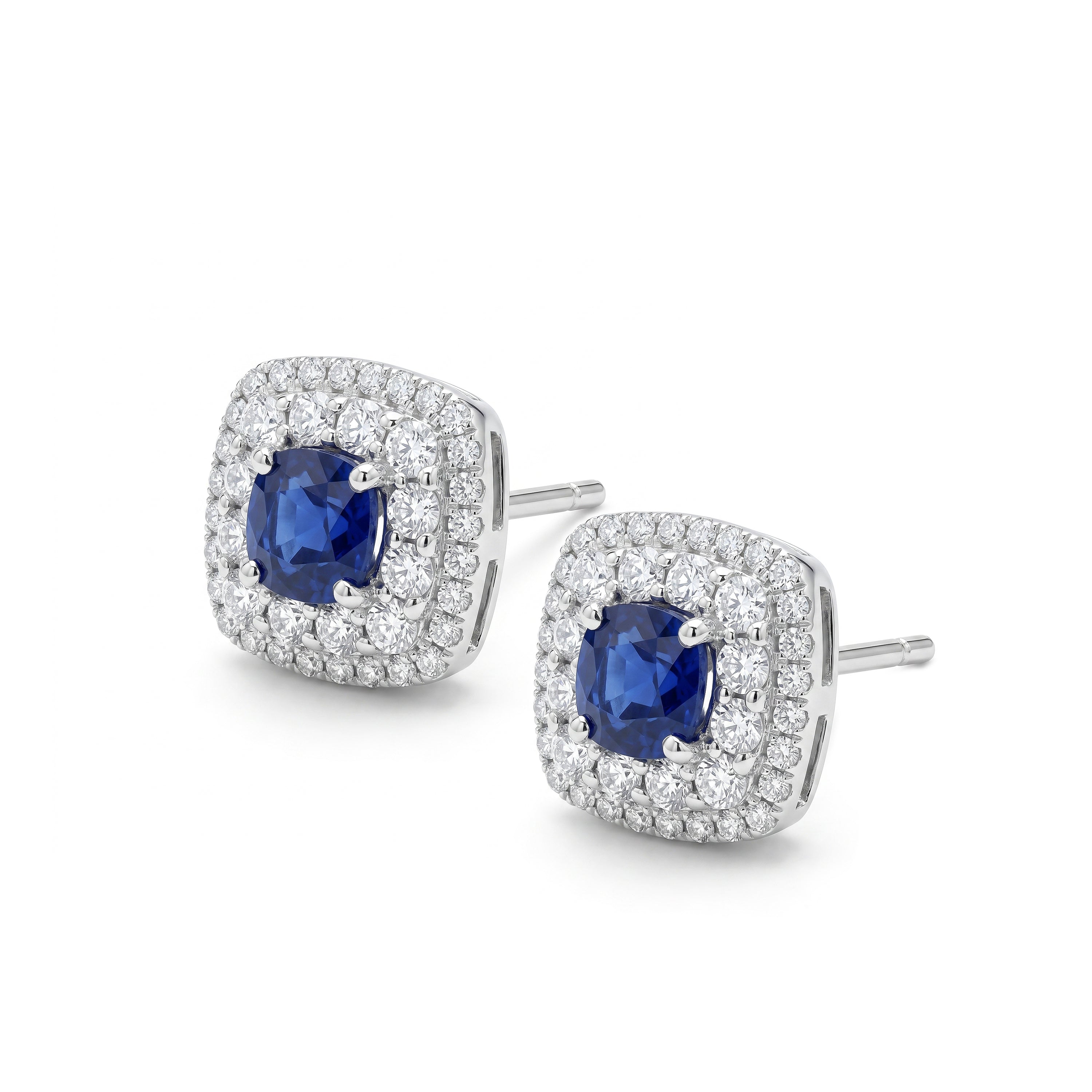 Natural Cushion Sapphire & Diamond Halo Earrings