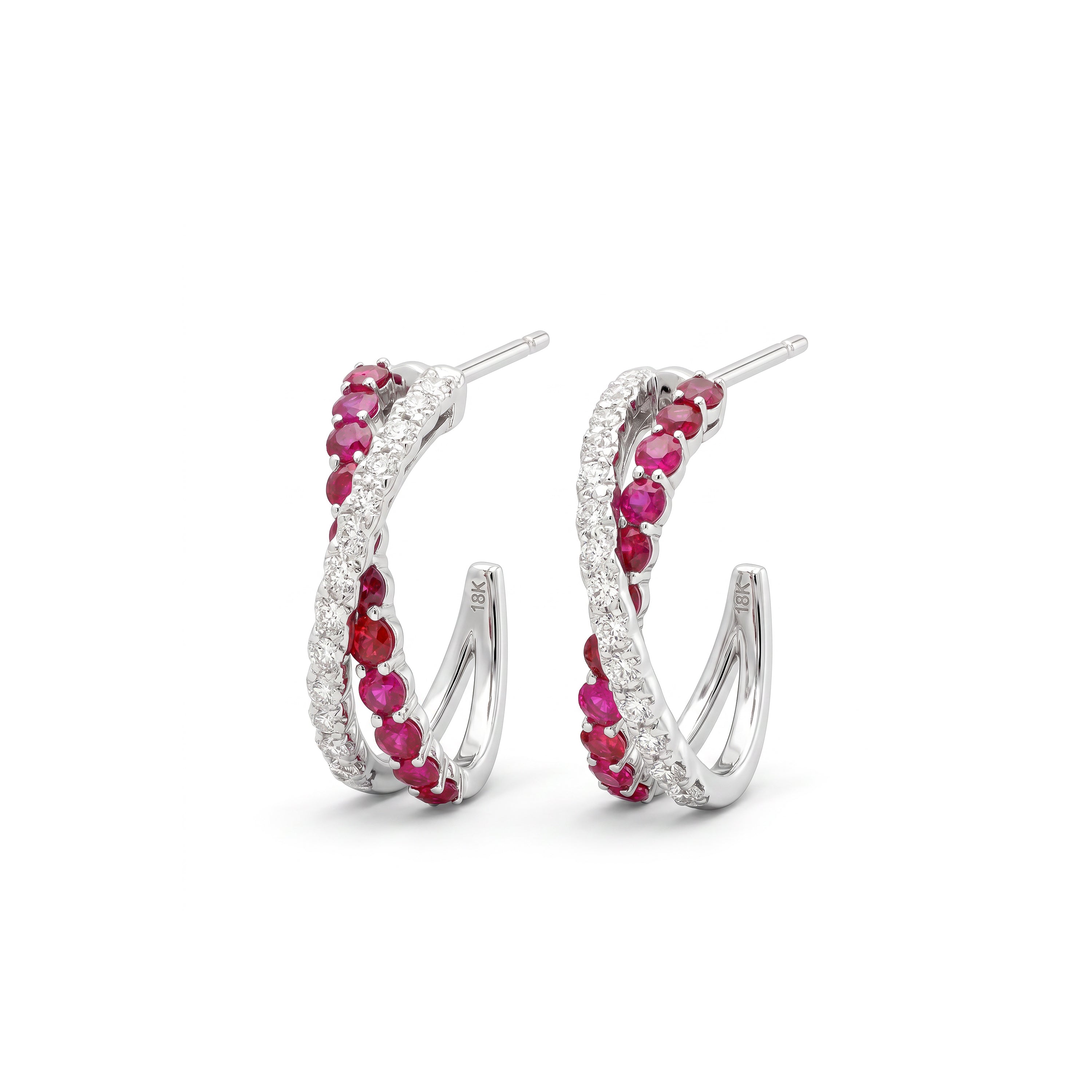 Natural Ruby & Diamond Crossover Hoop Earrings
