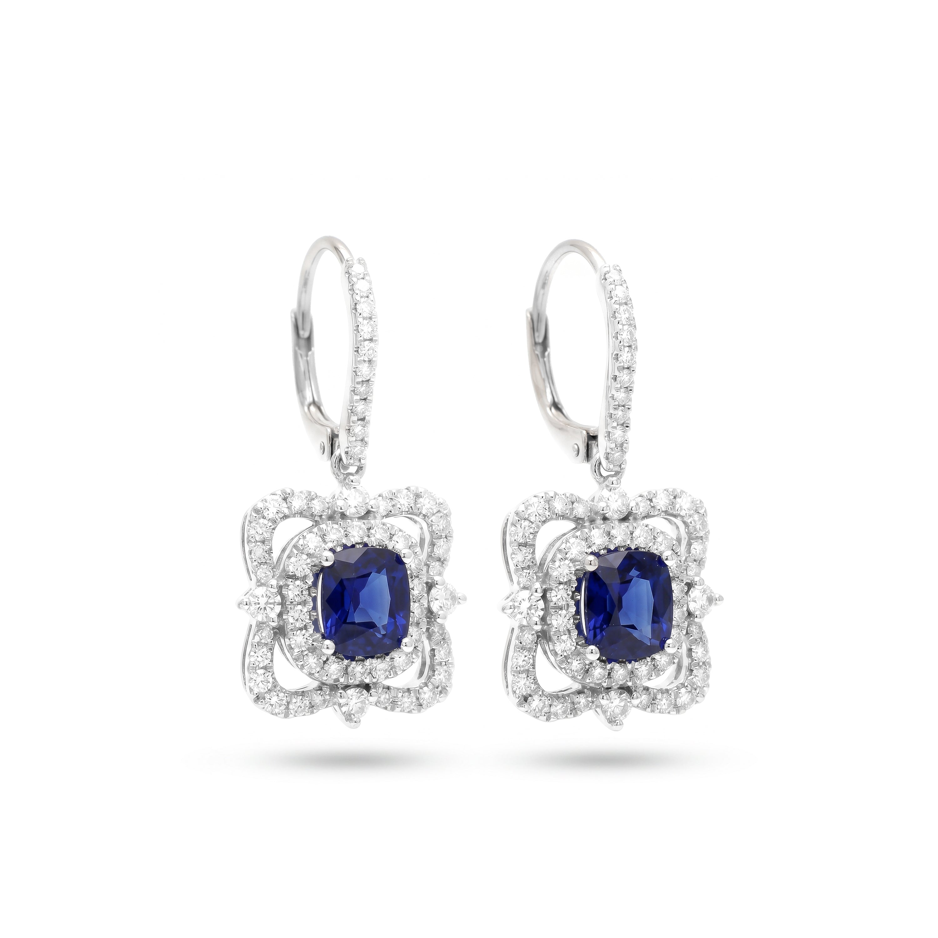 Natural Cushion Sapphire & Diamond Drop Earrings