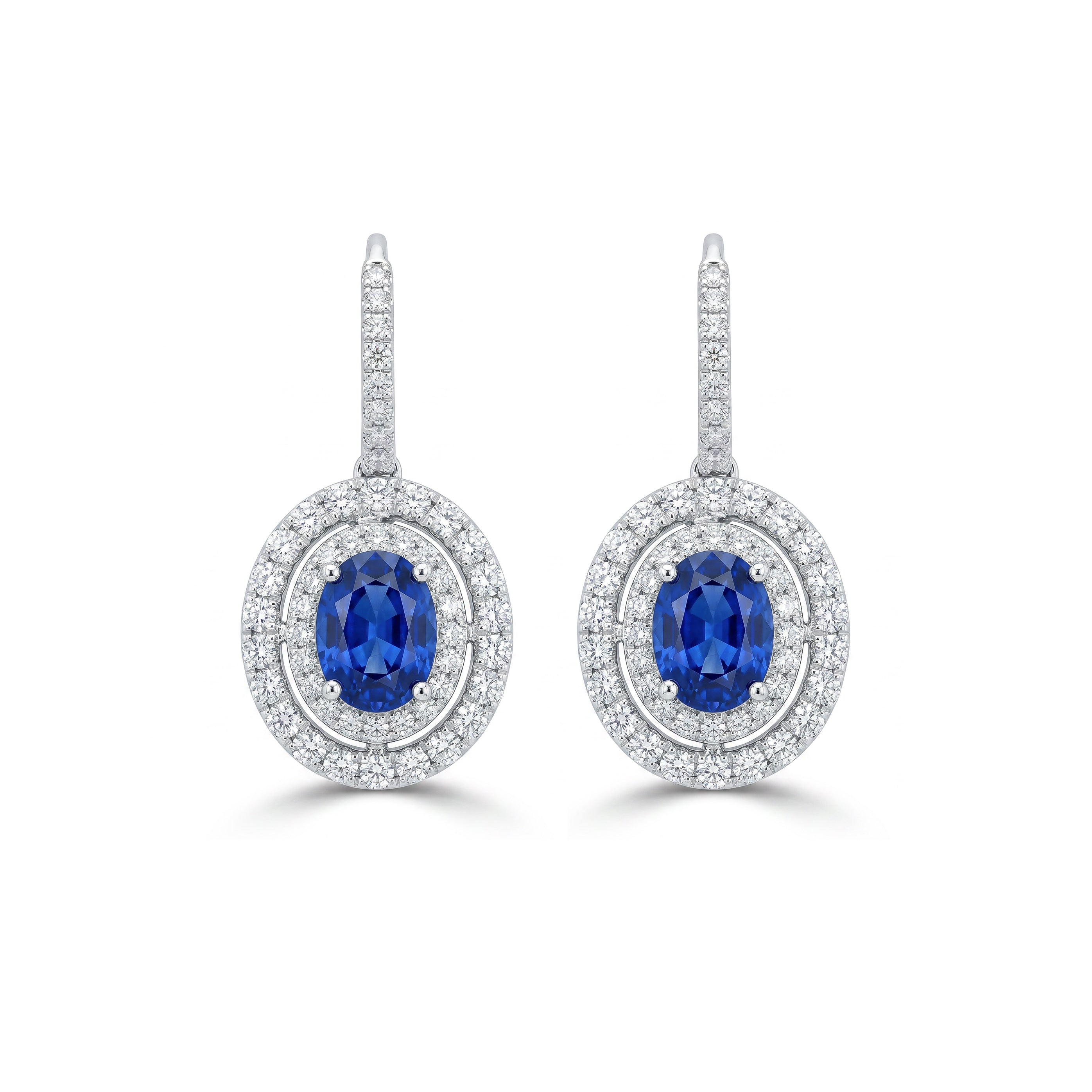 Natural Oval Sapphire & Diamond Halo Drop Earrings