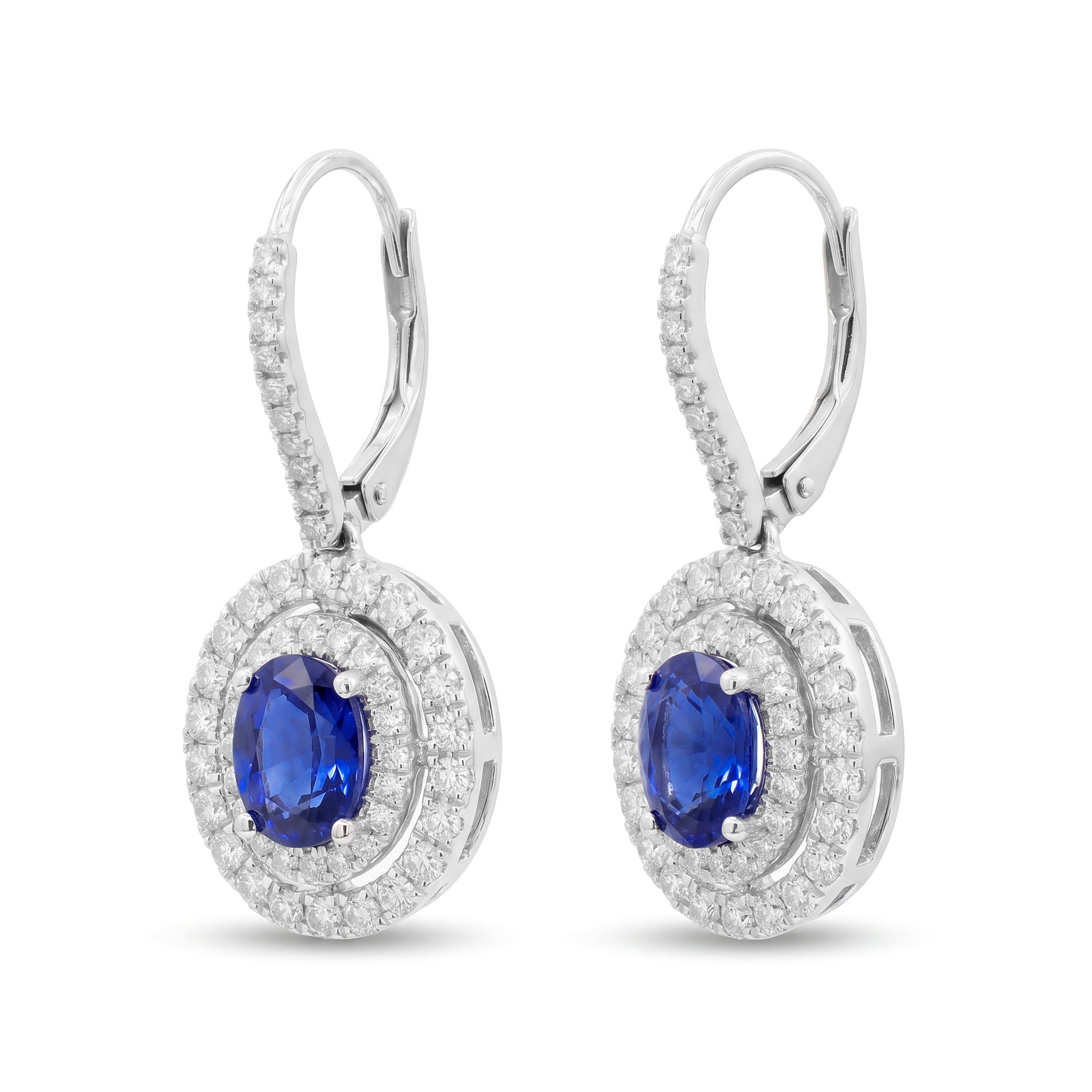 Natural Oval Sapphire & Diamond Halo Drop Earrings