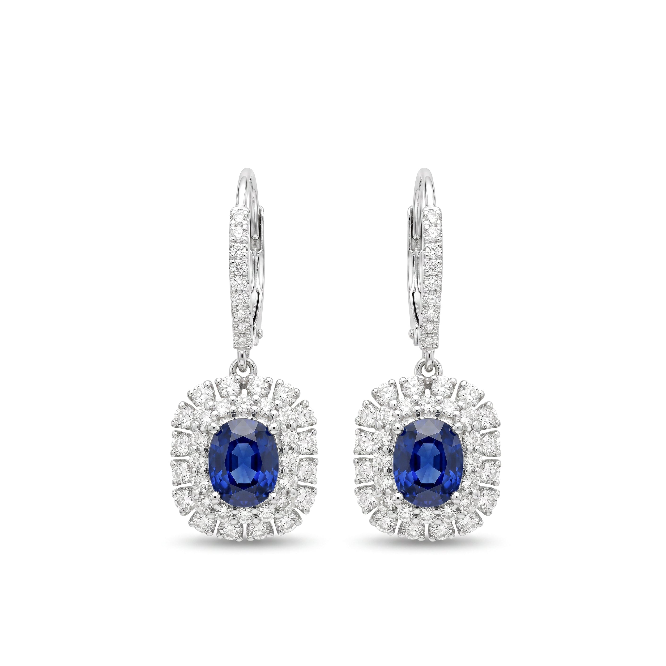 Natural Cushion Sapphire & Diamond Halo Drop Earrings