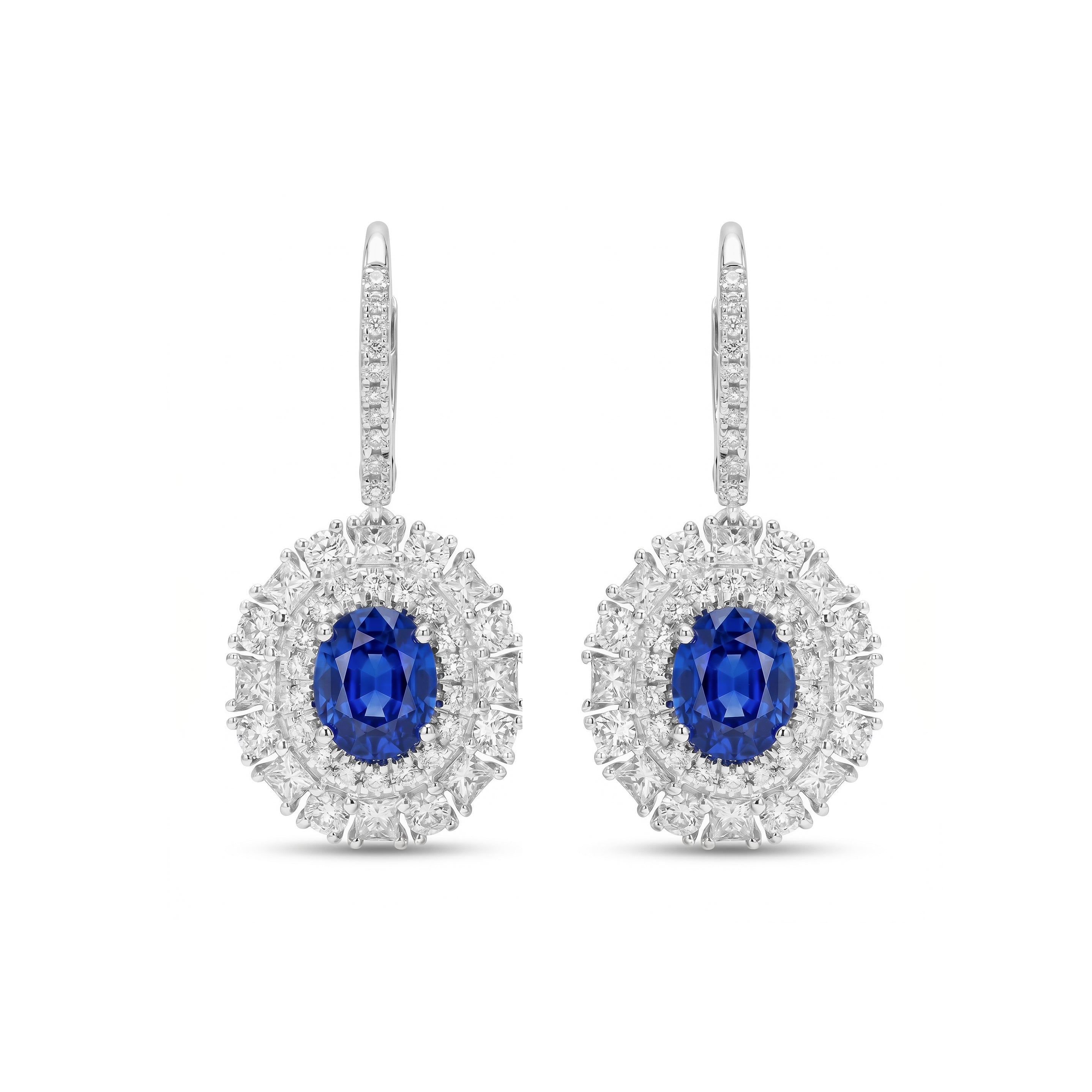 Natural Oval Sapphire & Diamond Halo Drop Earrings