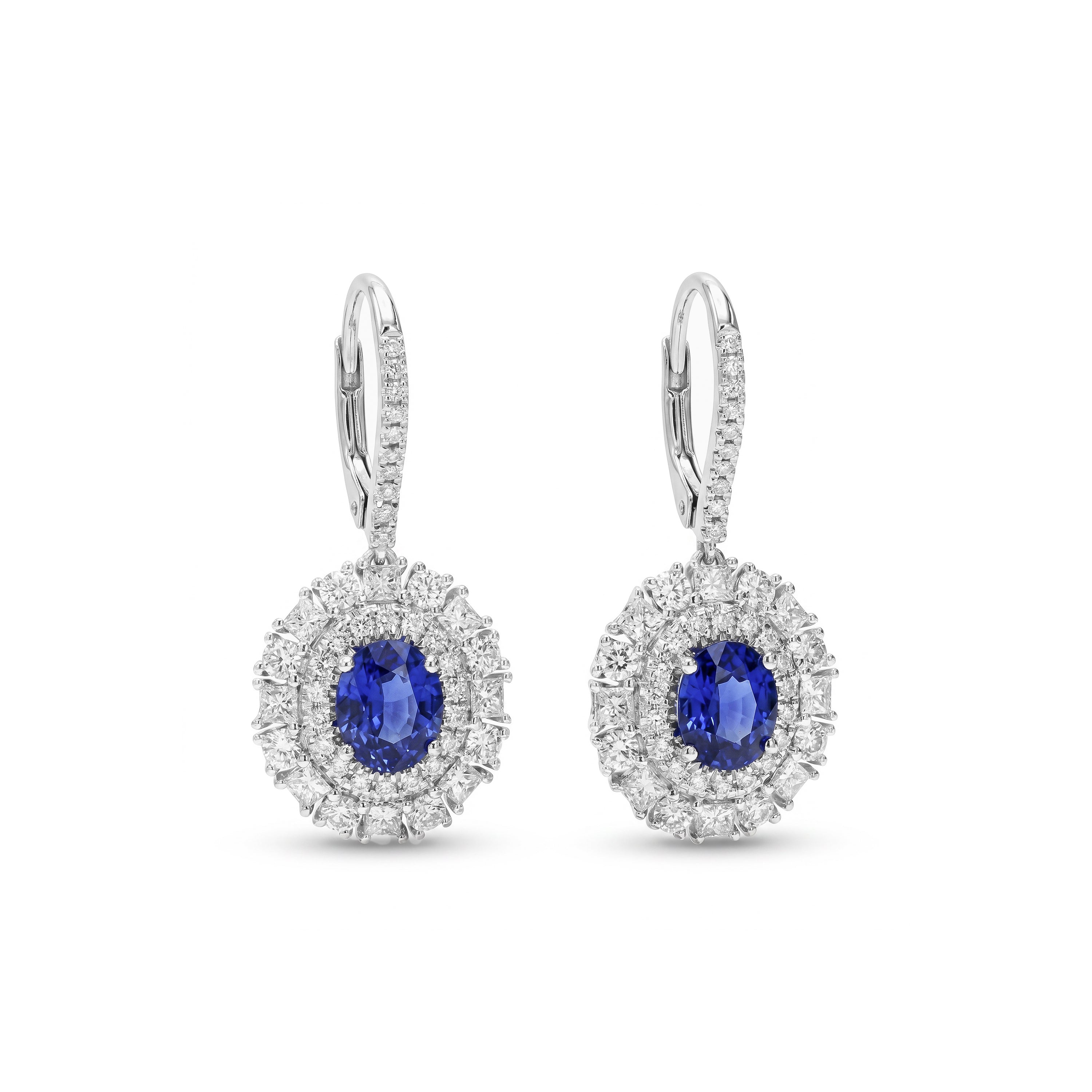 Natural Oval Sapphire & Diamond Halo Drop Earrings