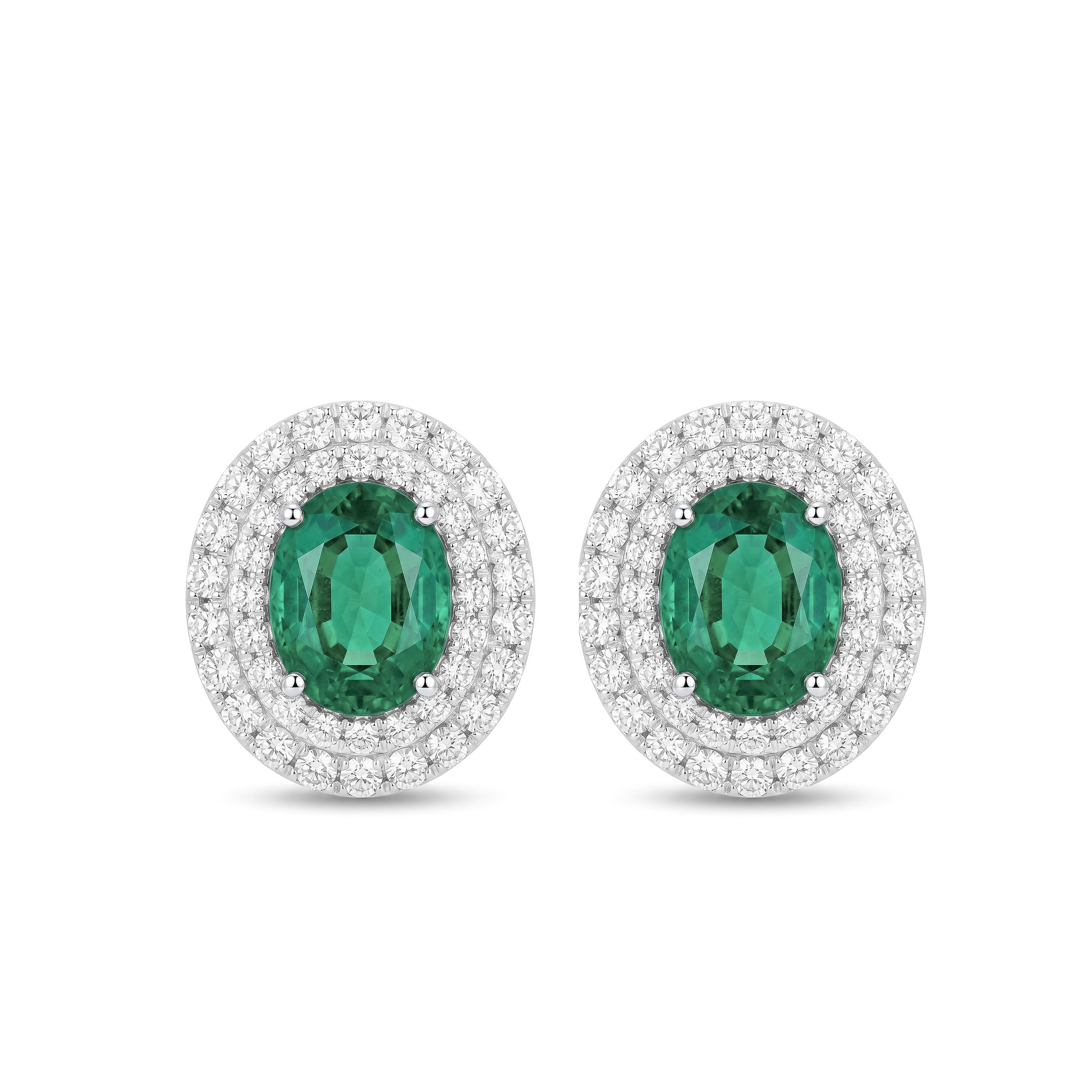 Natural Oval Emerald & Diamond Halo Earrings