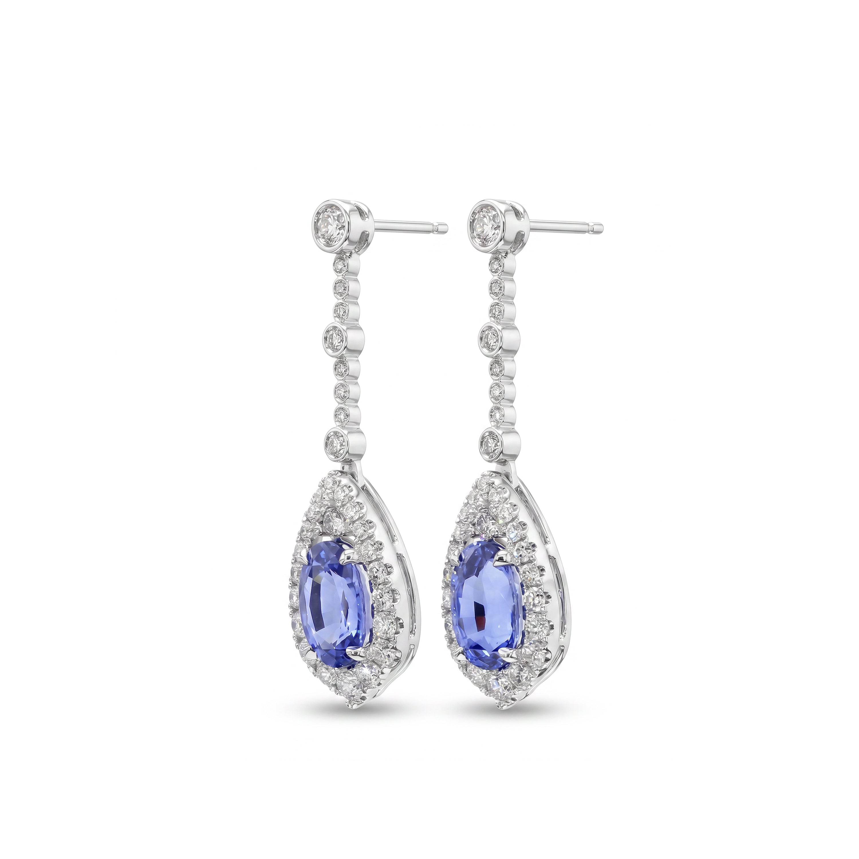 Natural Oval Sapphire & Diamond Halo Drop Earrings