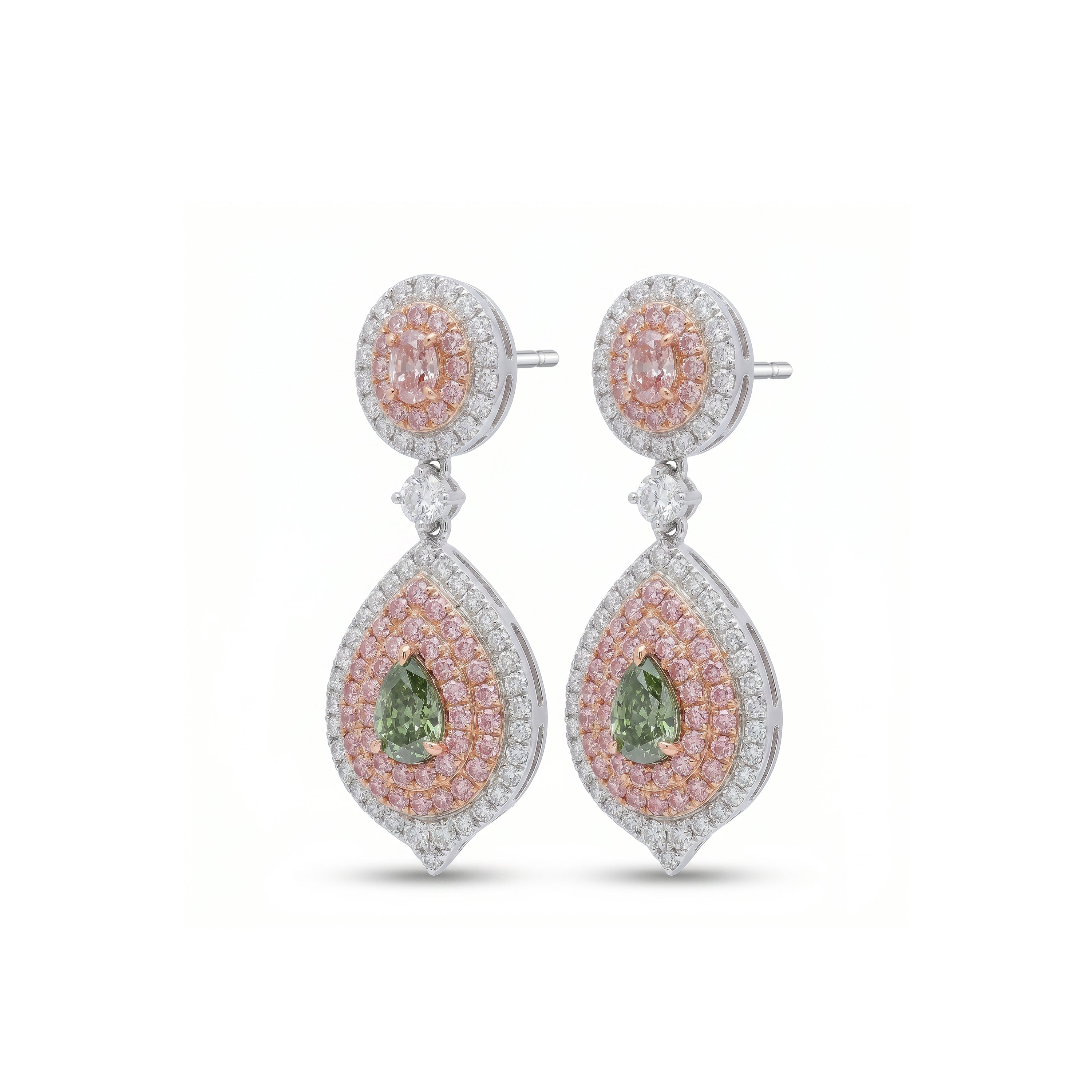 Natural Green & Pink Diamond Halo Drop Earrings | GIA Certified