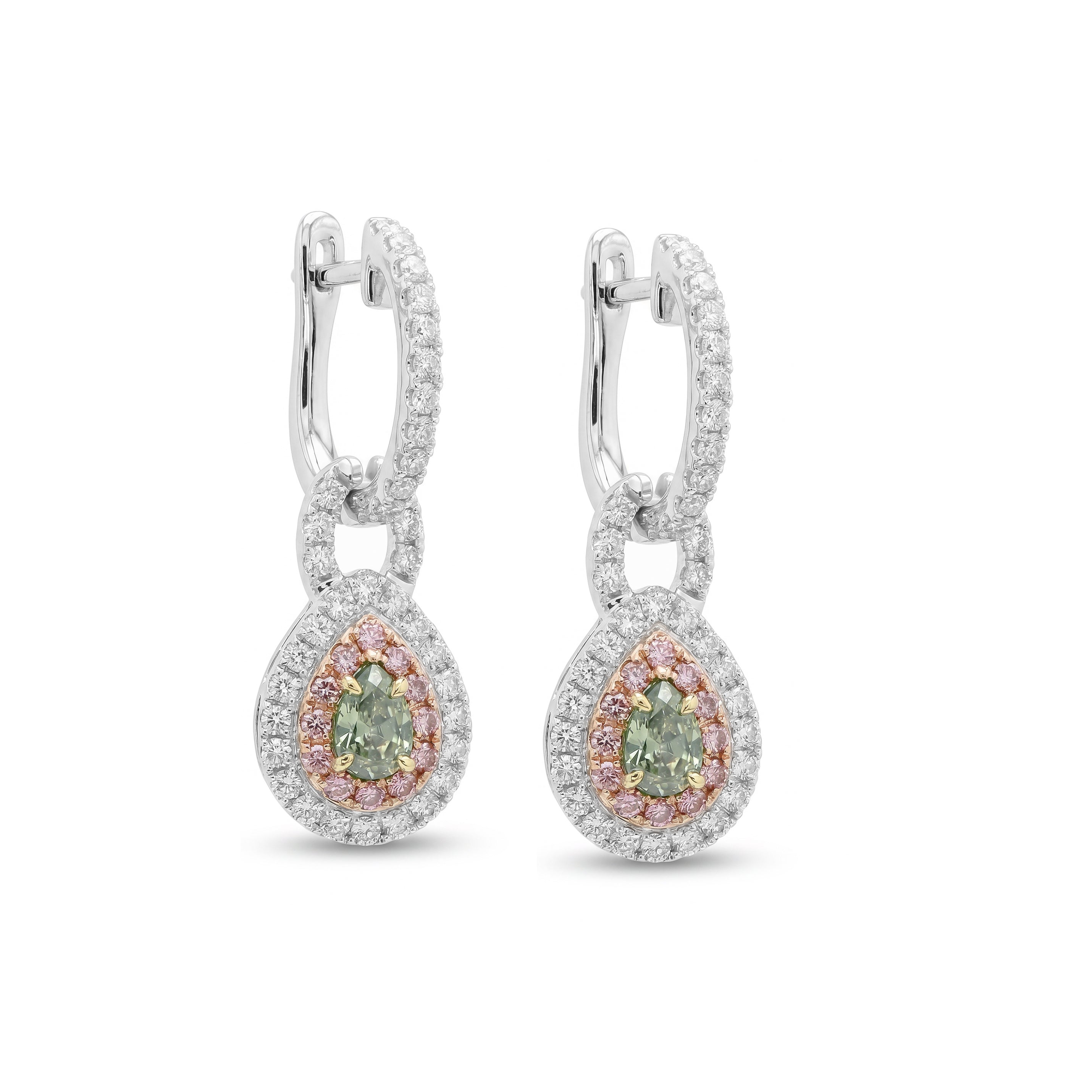 Natural Green & Pink Diamond Halo Drop Earrings | GIA Certified