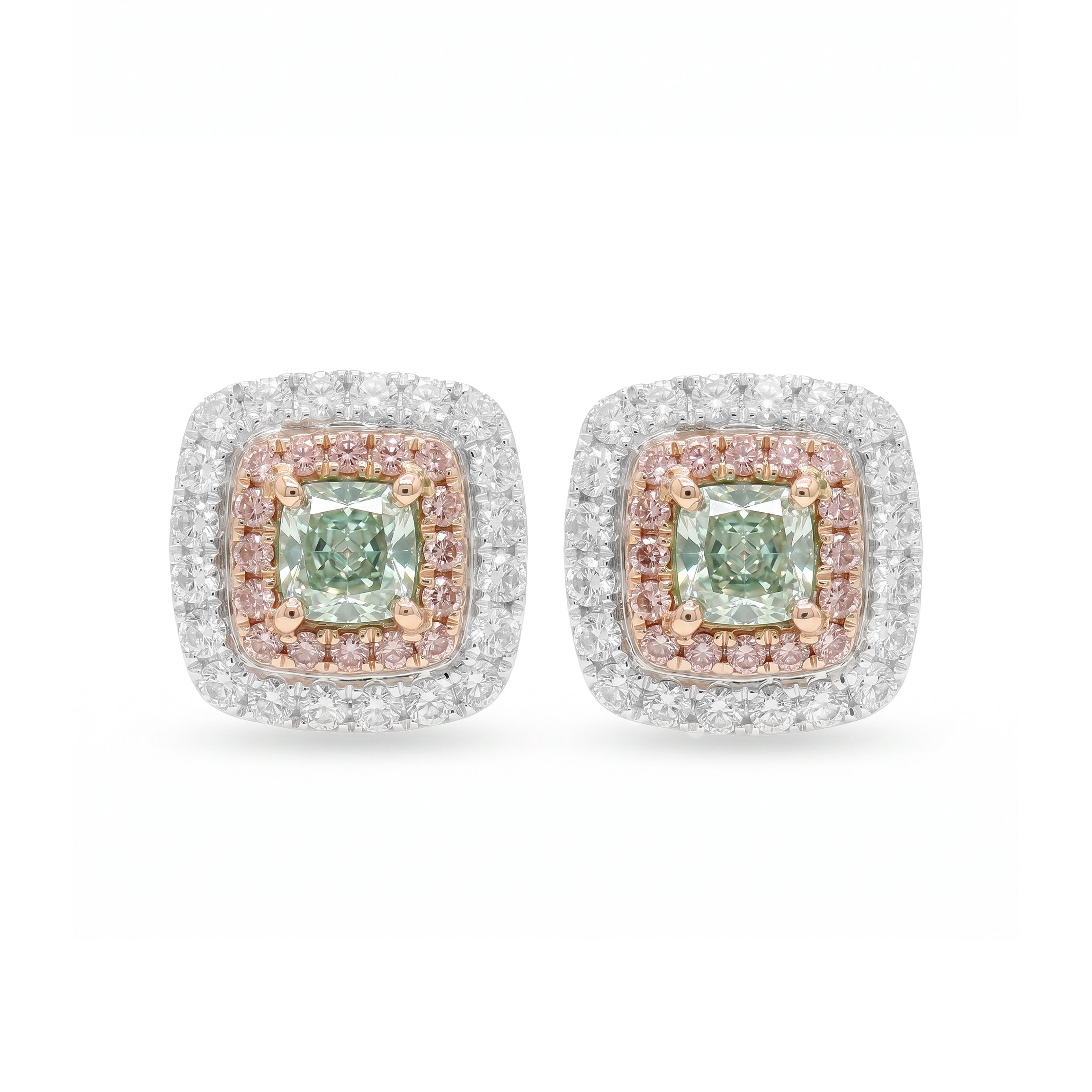 Natural Green & Pink Diamond Halo Earrings | GIA Certified
