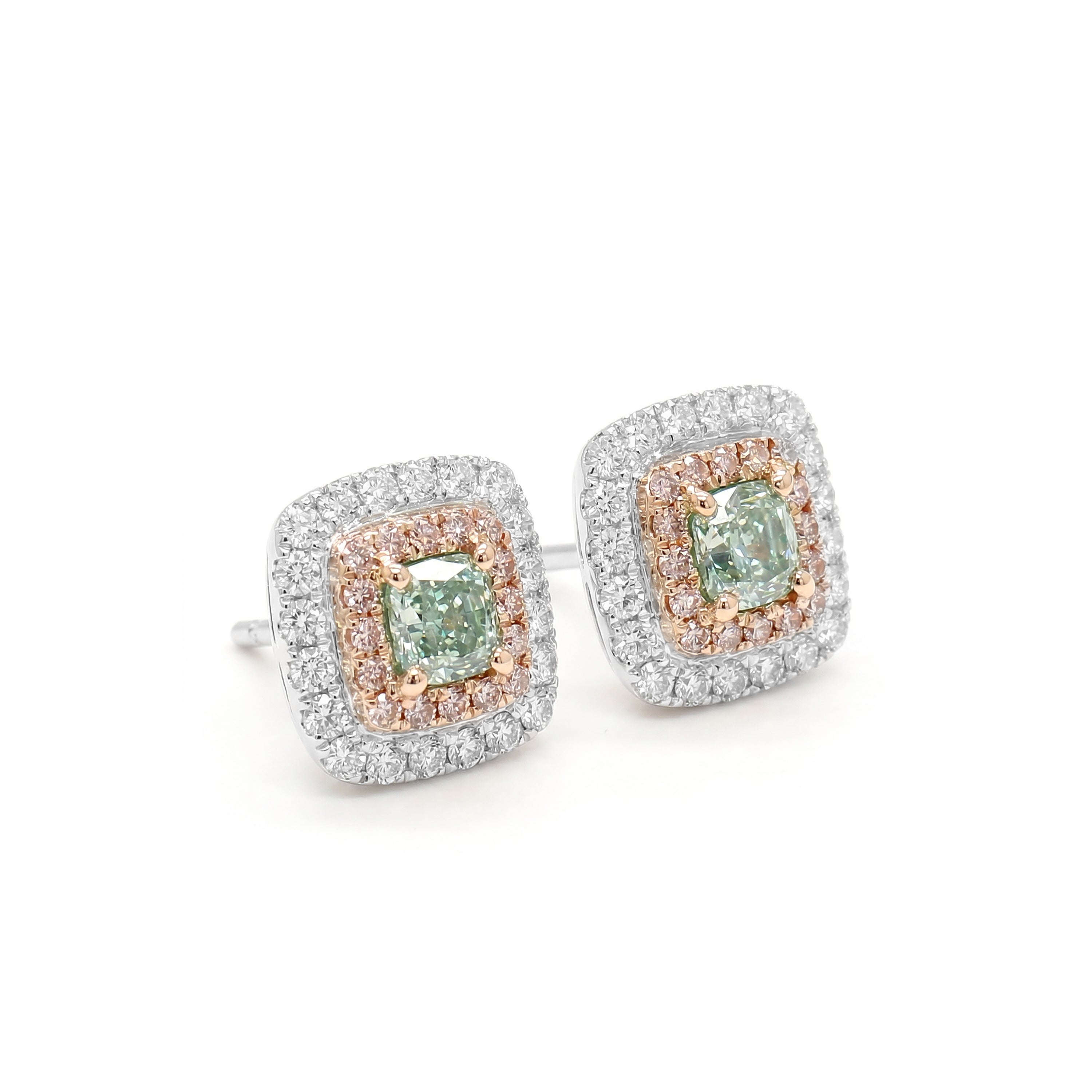 Natural Green & Pink Diamond Halo Earrings | GIA Certified