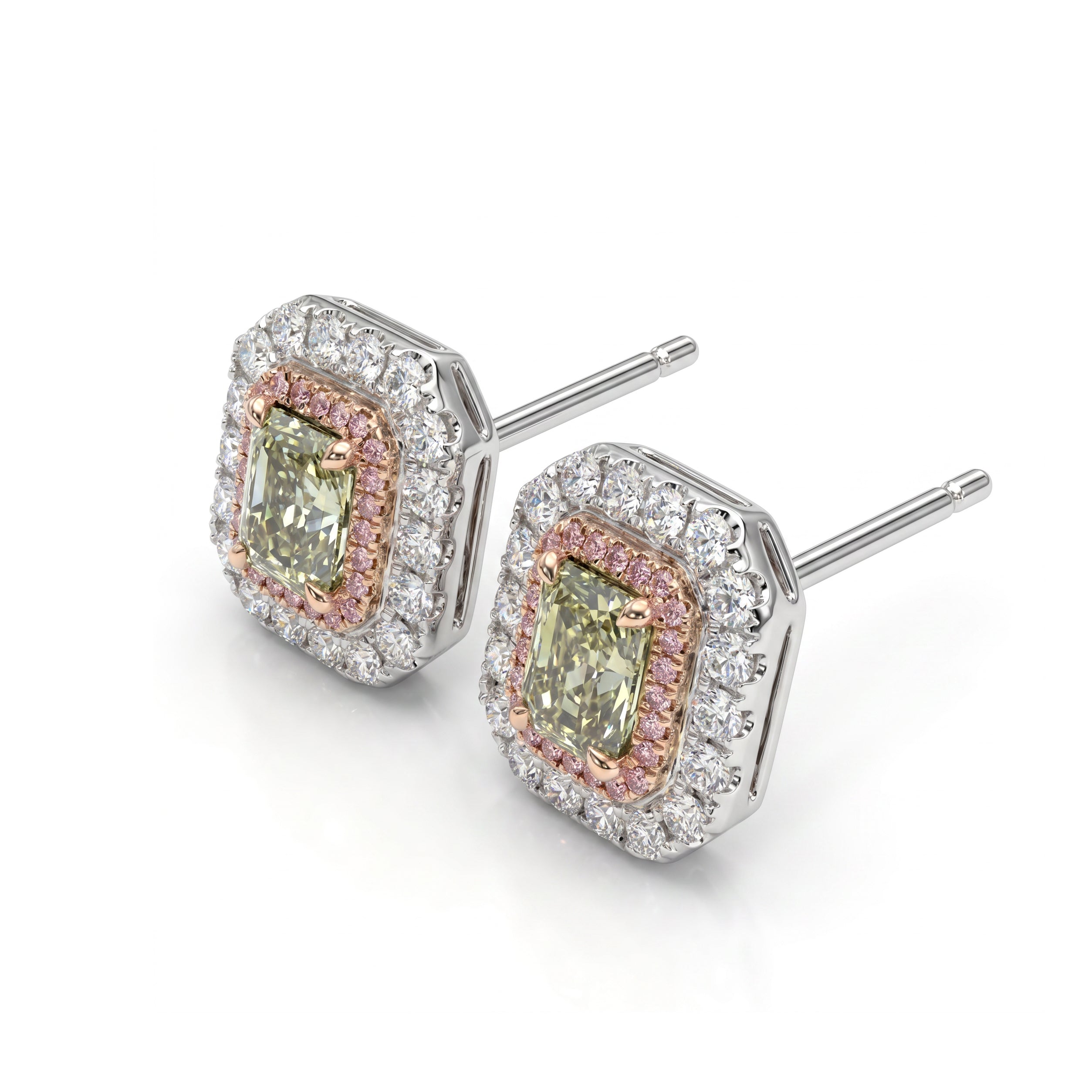 Natural Green Radiant Diamond Halo Earring | GIA Certified