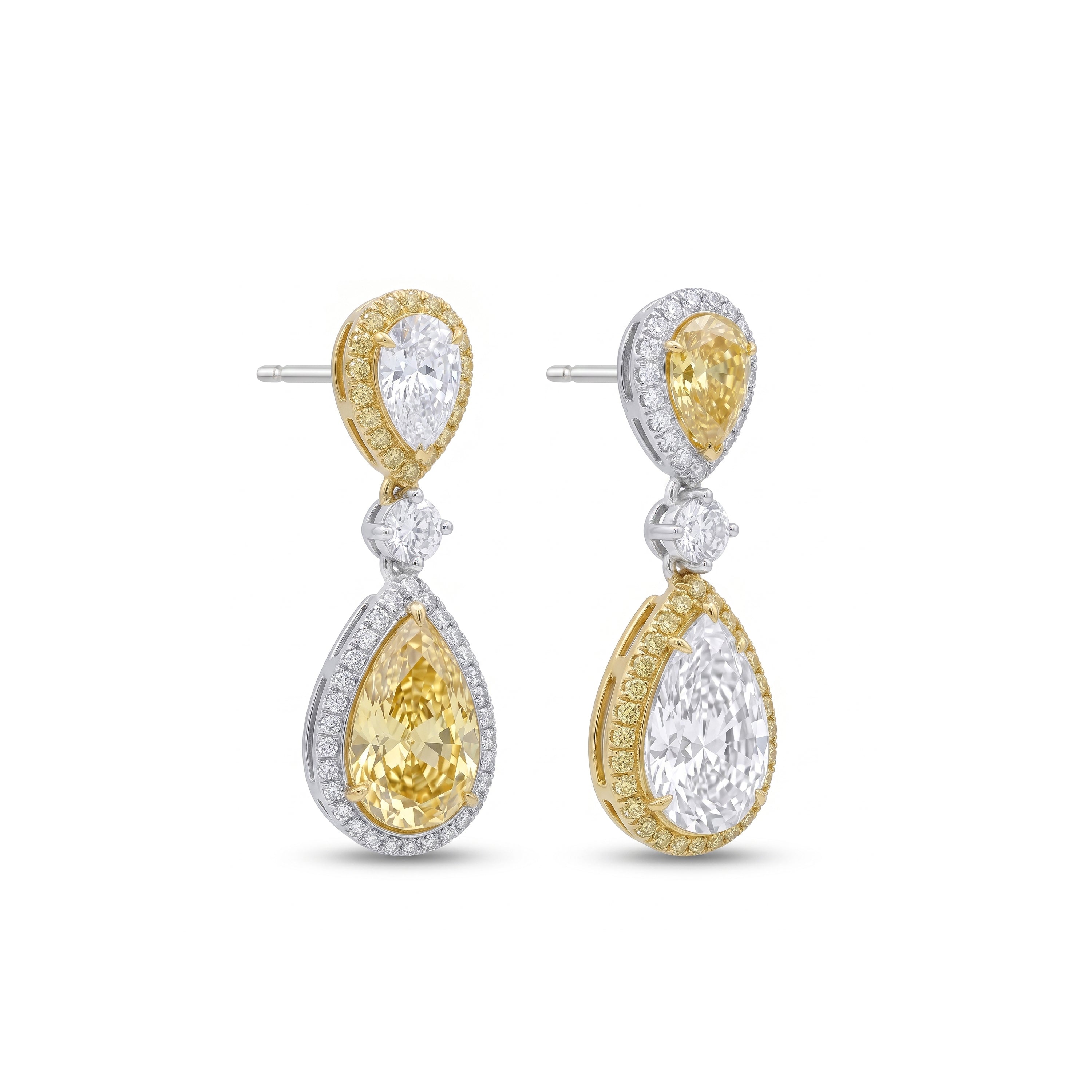 Natural Yellow & White Pear Diamond Halo Earrings | GIA Certified