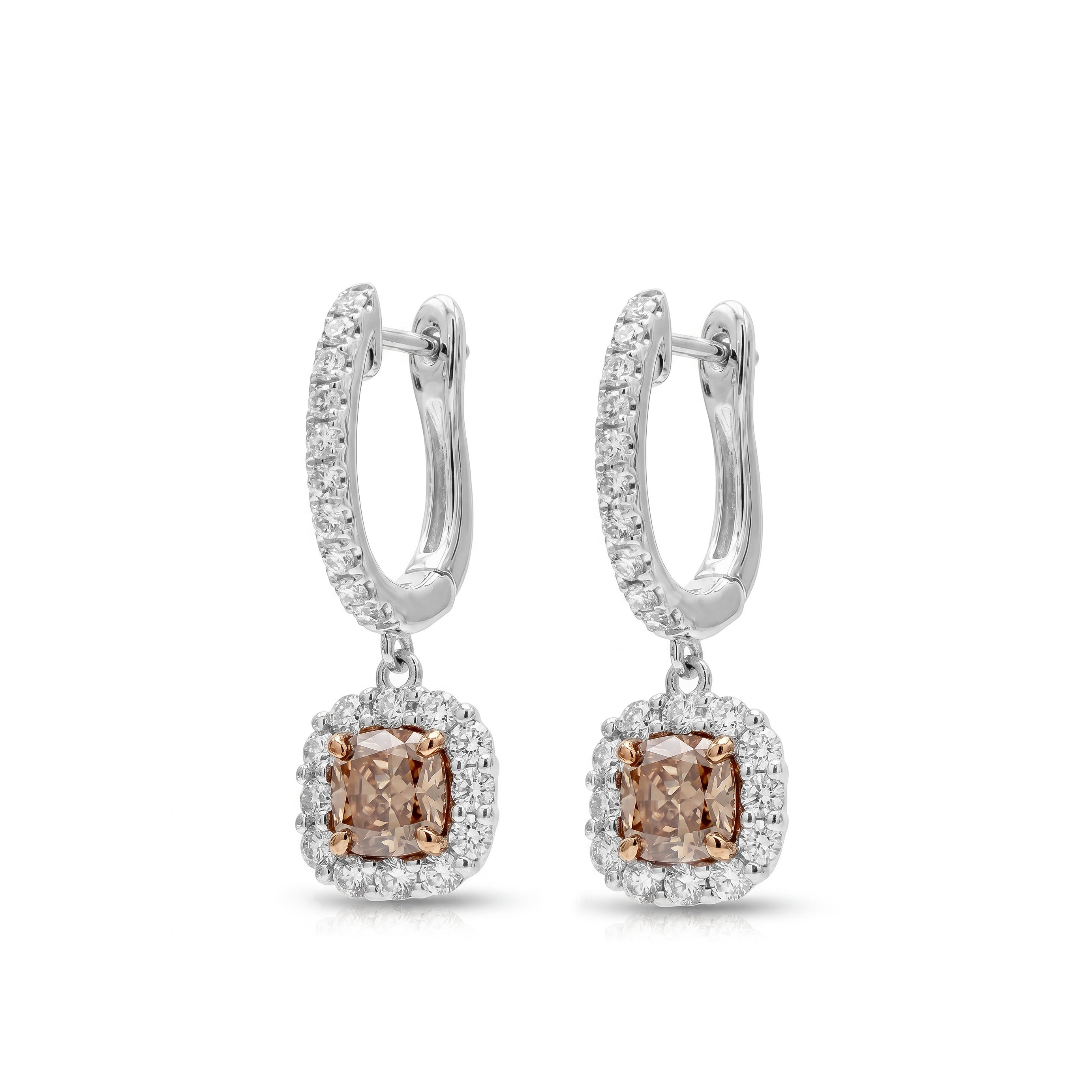 Natural Pink Cushion Diamond Halo Drop Earrings | GIA Certified
