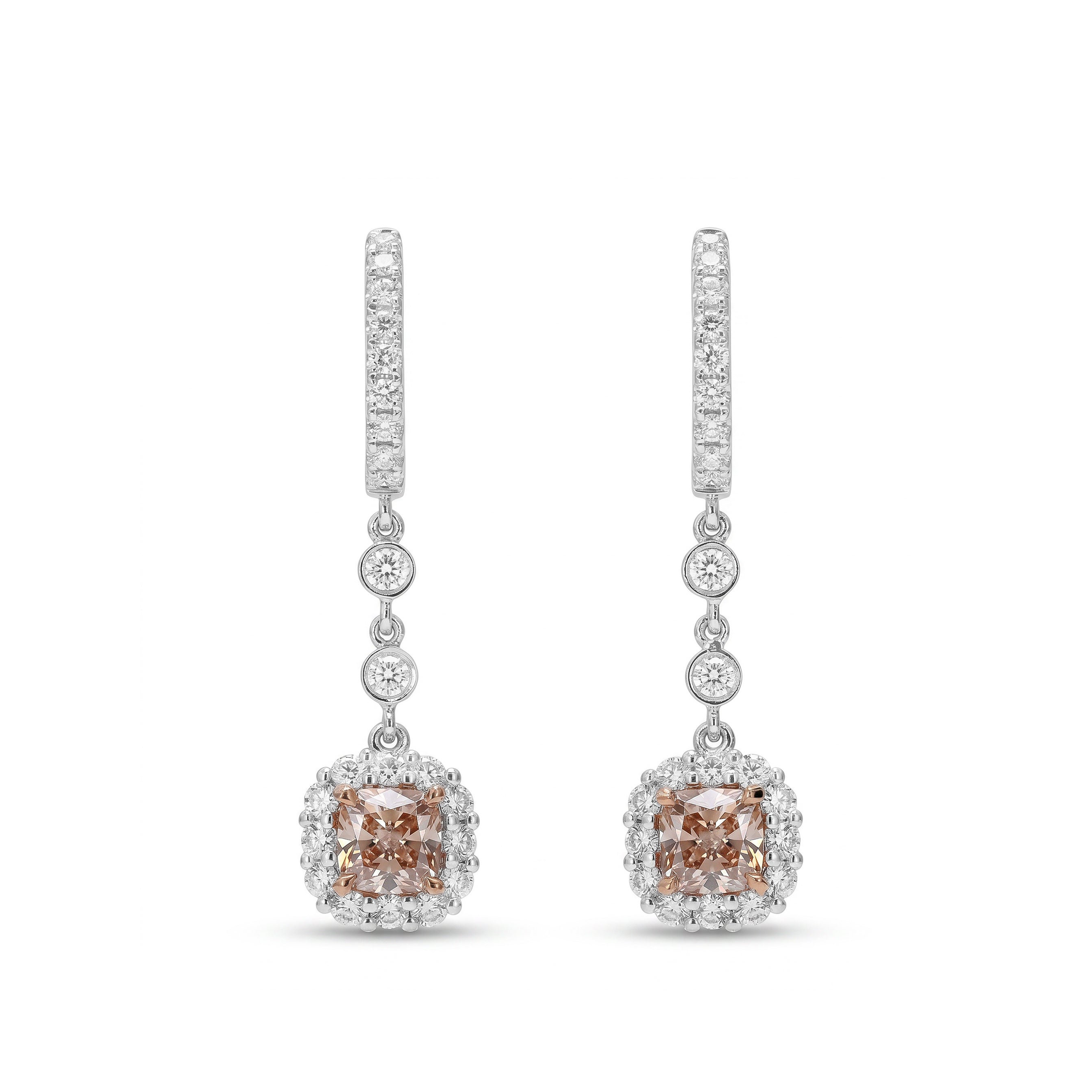 Natural Pink Cushion Diamond Halo Drop Earrings | GIA Certified