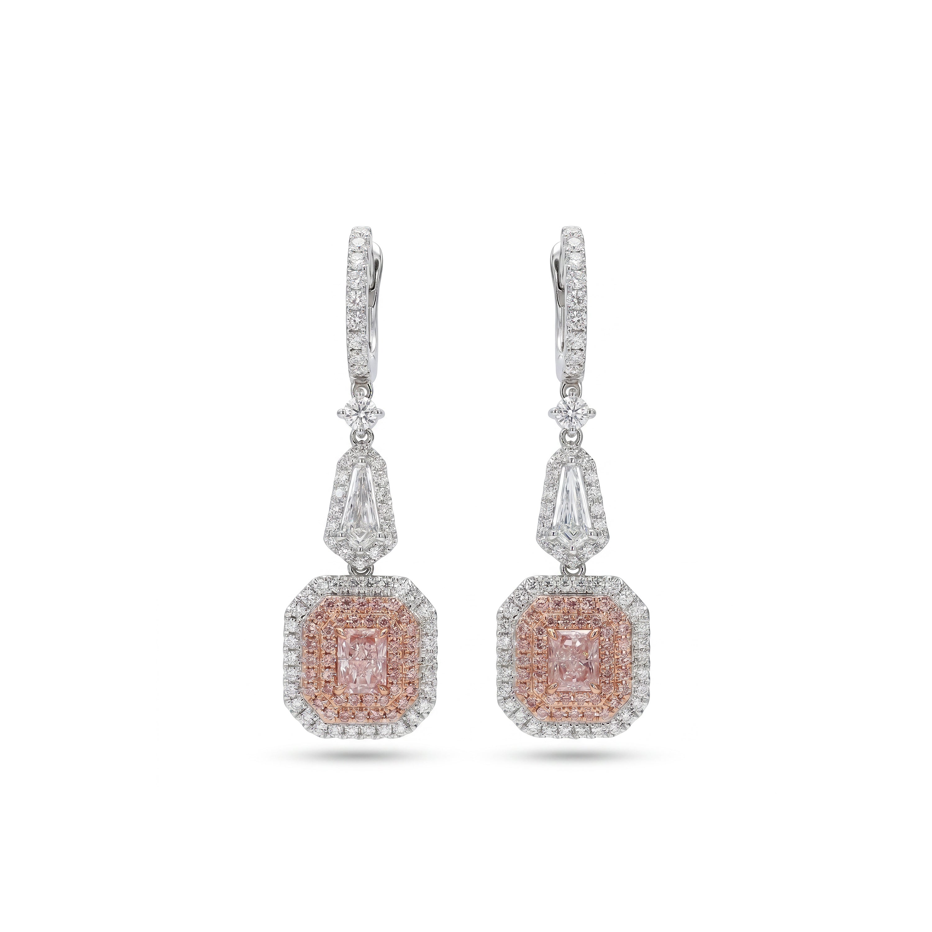 Natural Pink Radiant & White Kite Diamond Drop Earrings | GIA Certified
