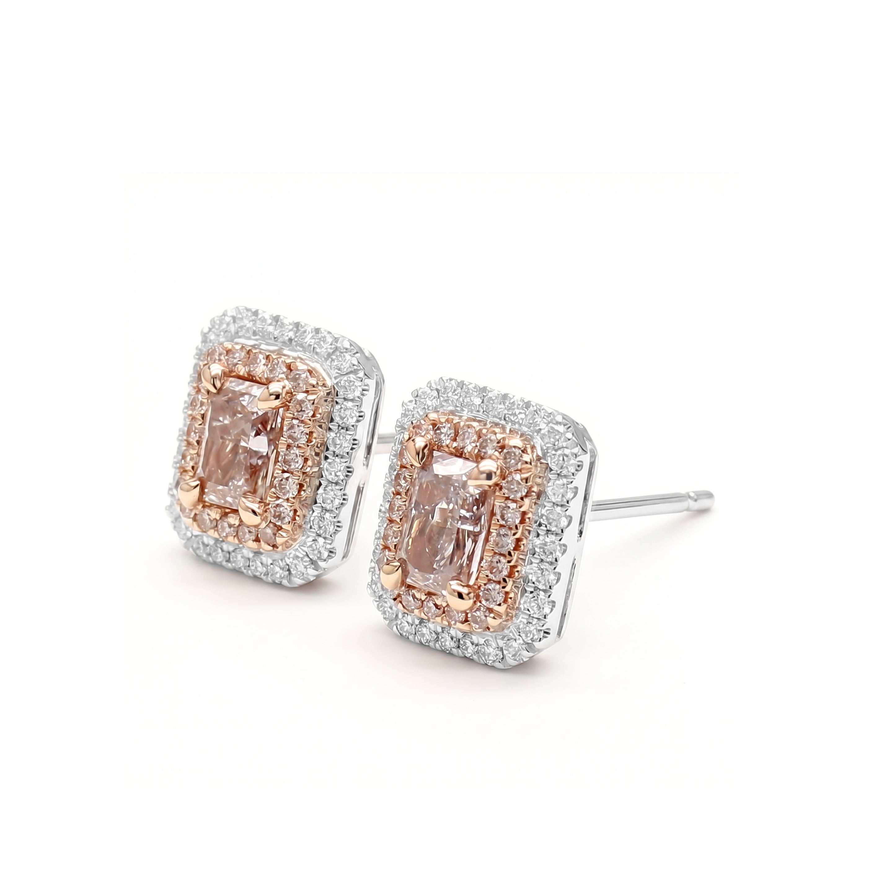 Natural Pink Radiant Diamond Halo Earrings | GIA Certified
