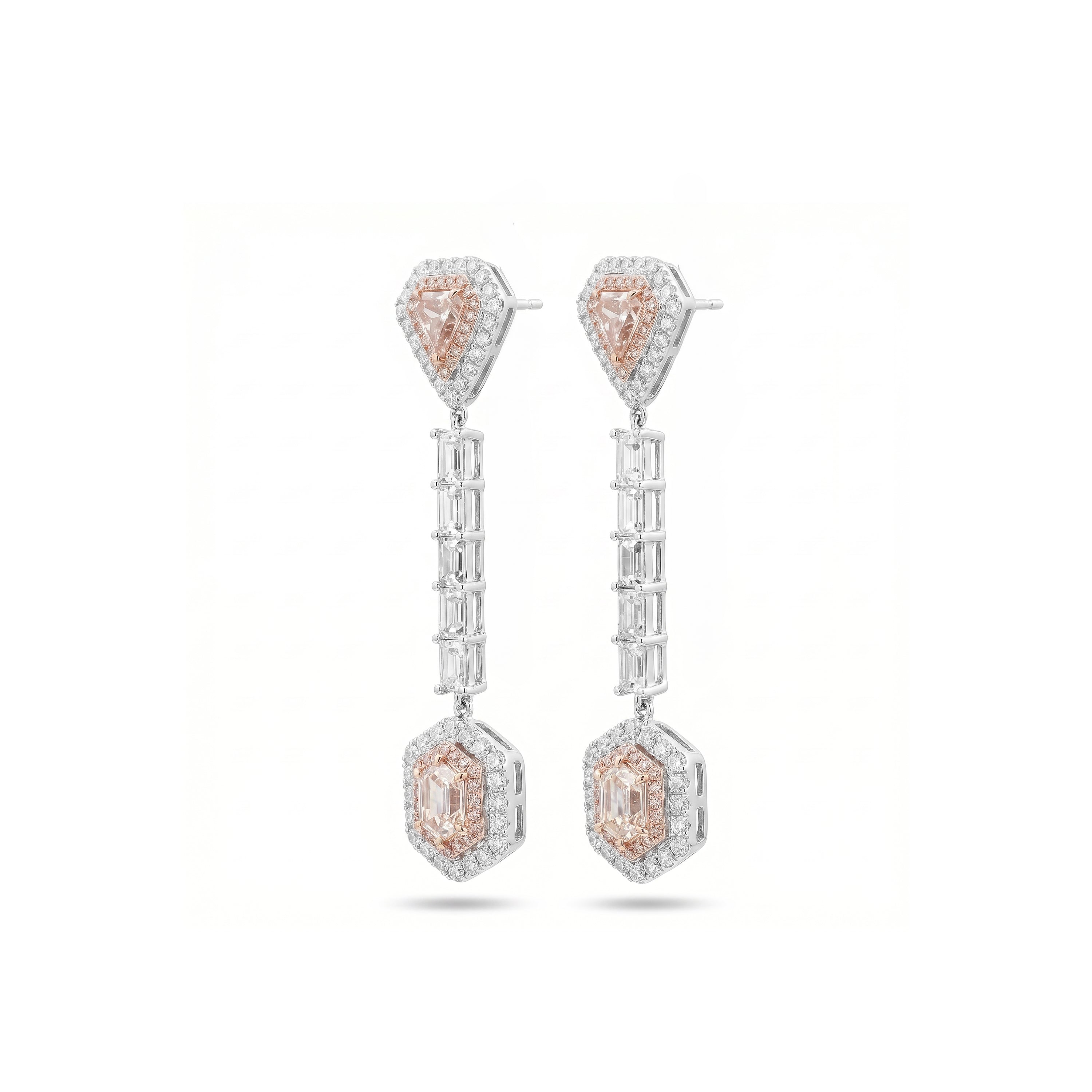 Natural Pink Hexagon & Trillion Diamond Halo Drop Earrings | GIA Certified