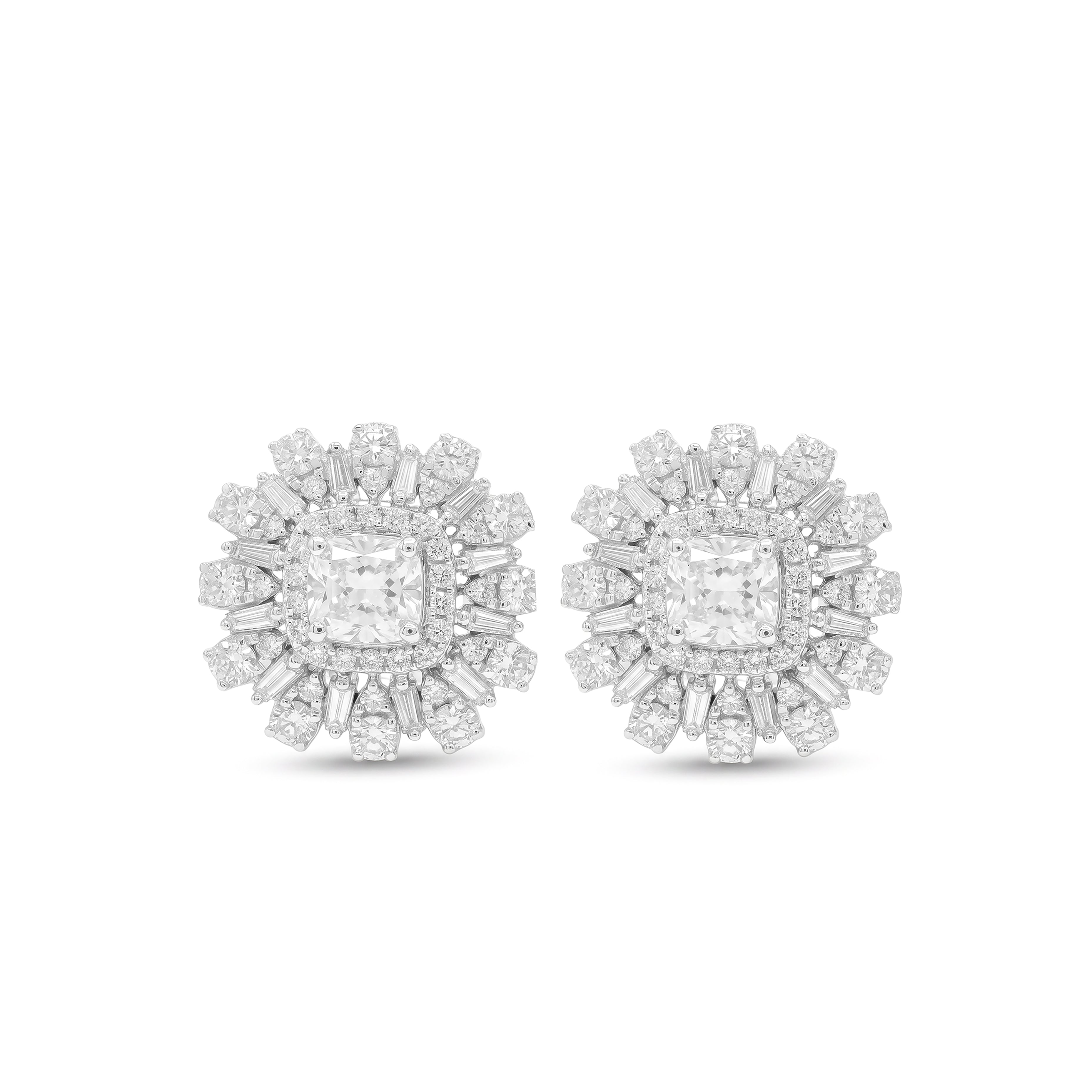 Natural Cushion Diamond Halo Sunburst Earrings