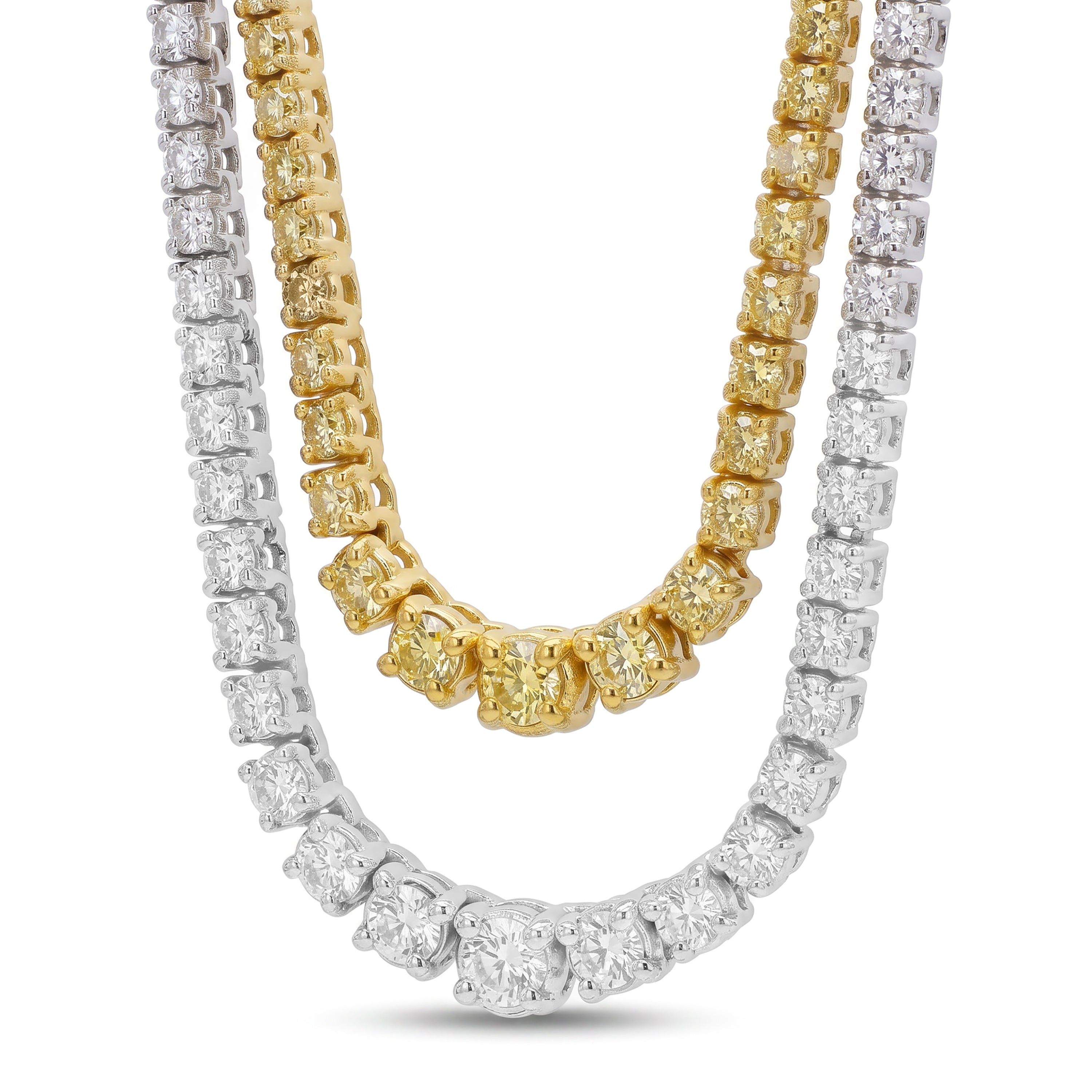 Natural Yellow & White Round Diamond Double Tennis Necklace
