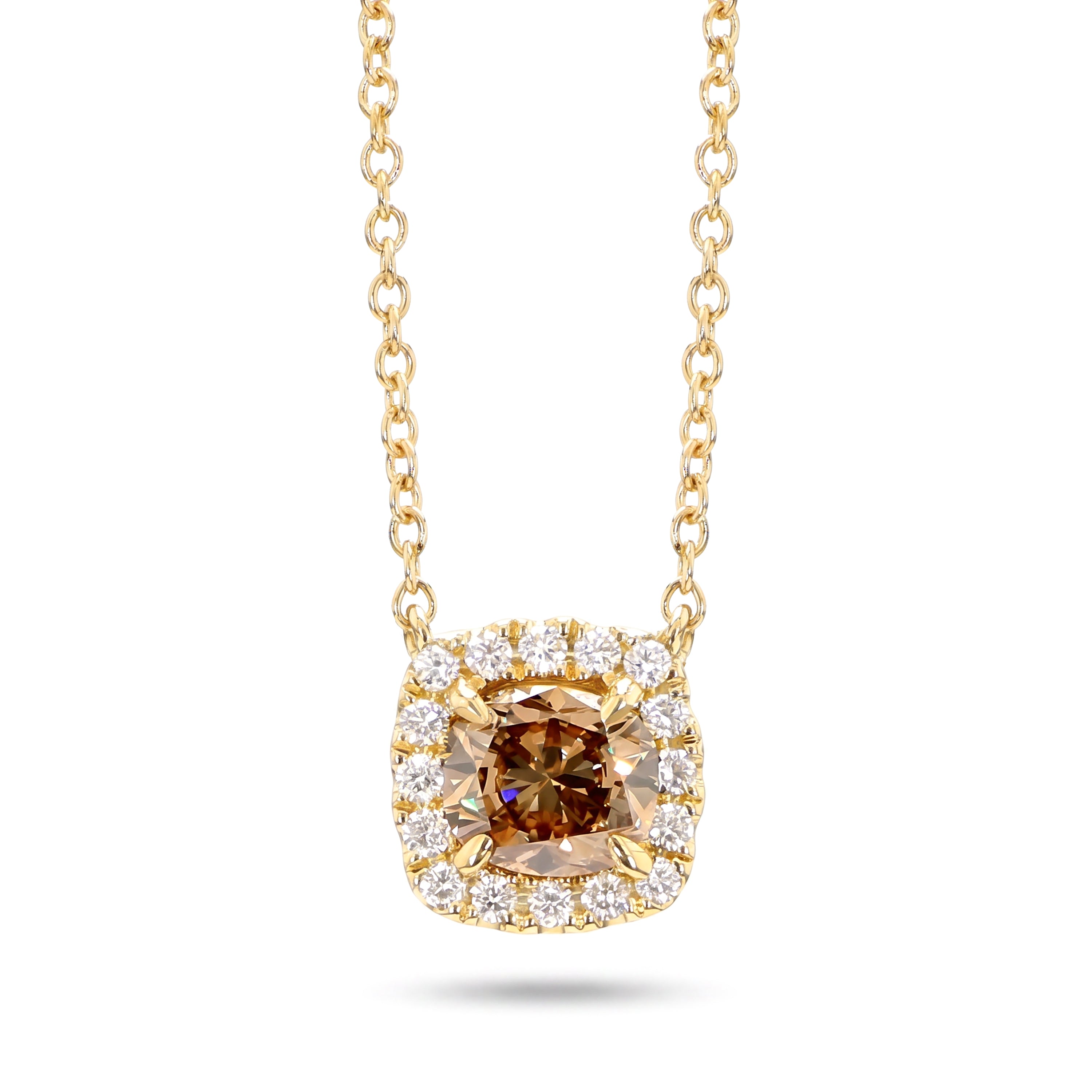 Natural Orange Cushion Diamond Halo Necklace | GIA Certified