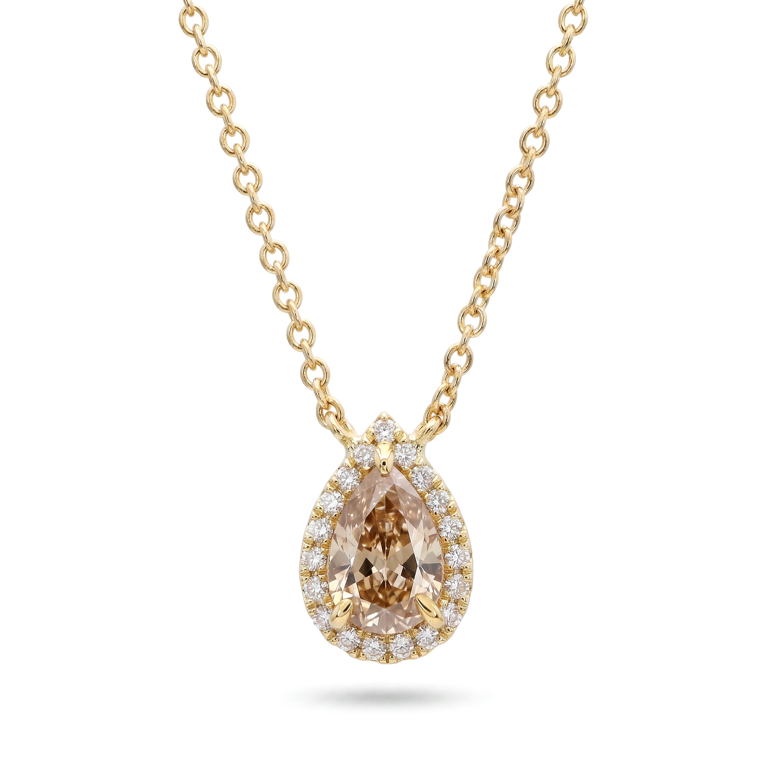 Natural Brown Pear Diamond Halo Necklace | GIA Certified