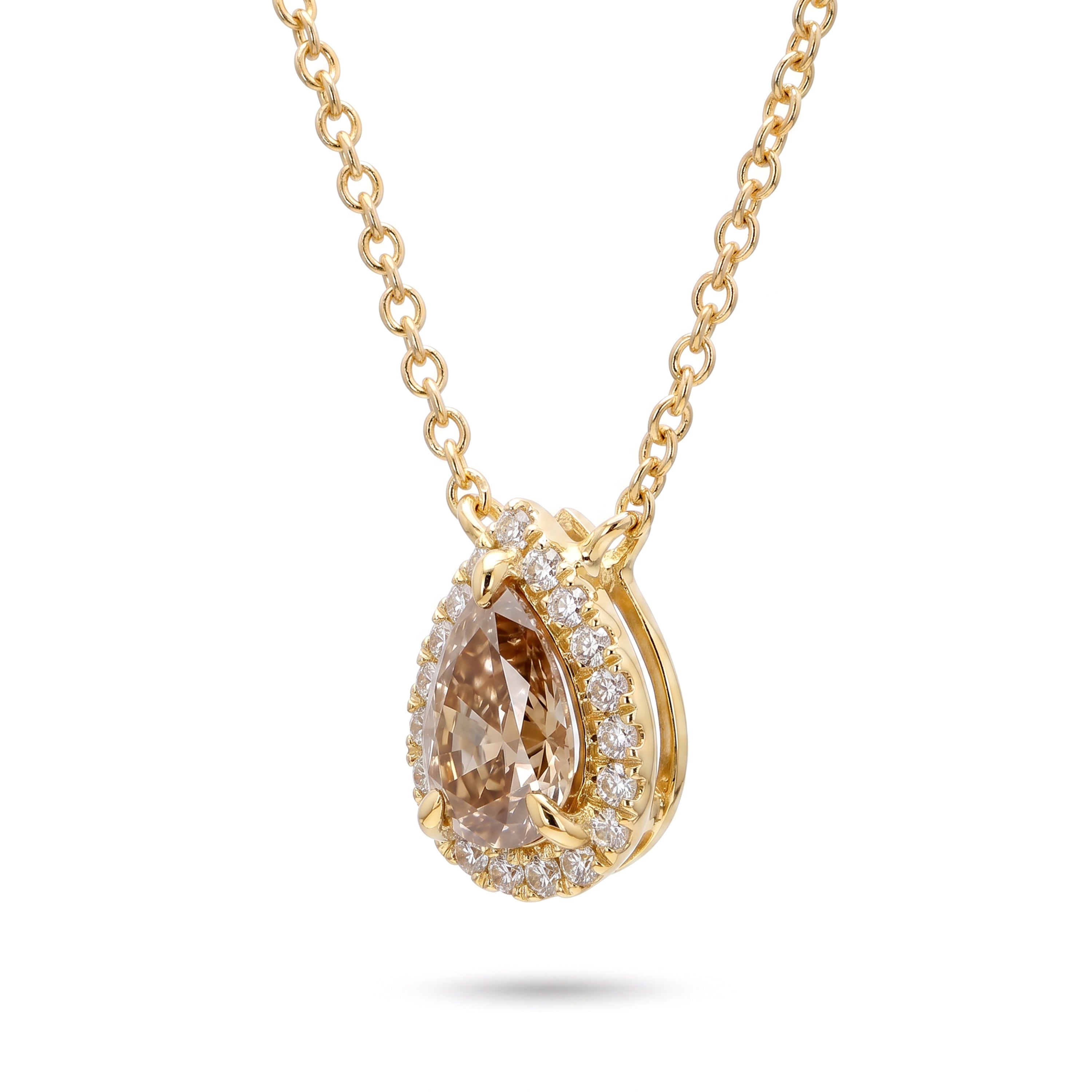 Natural Brown Pear Diamond Halo Necklace | GIA Certified
