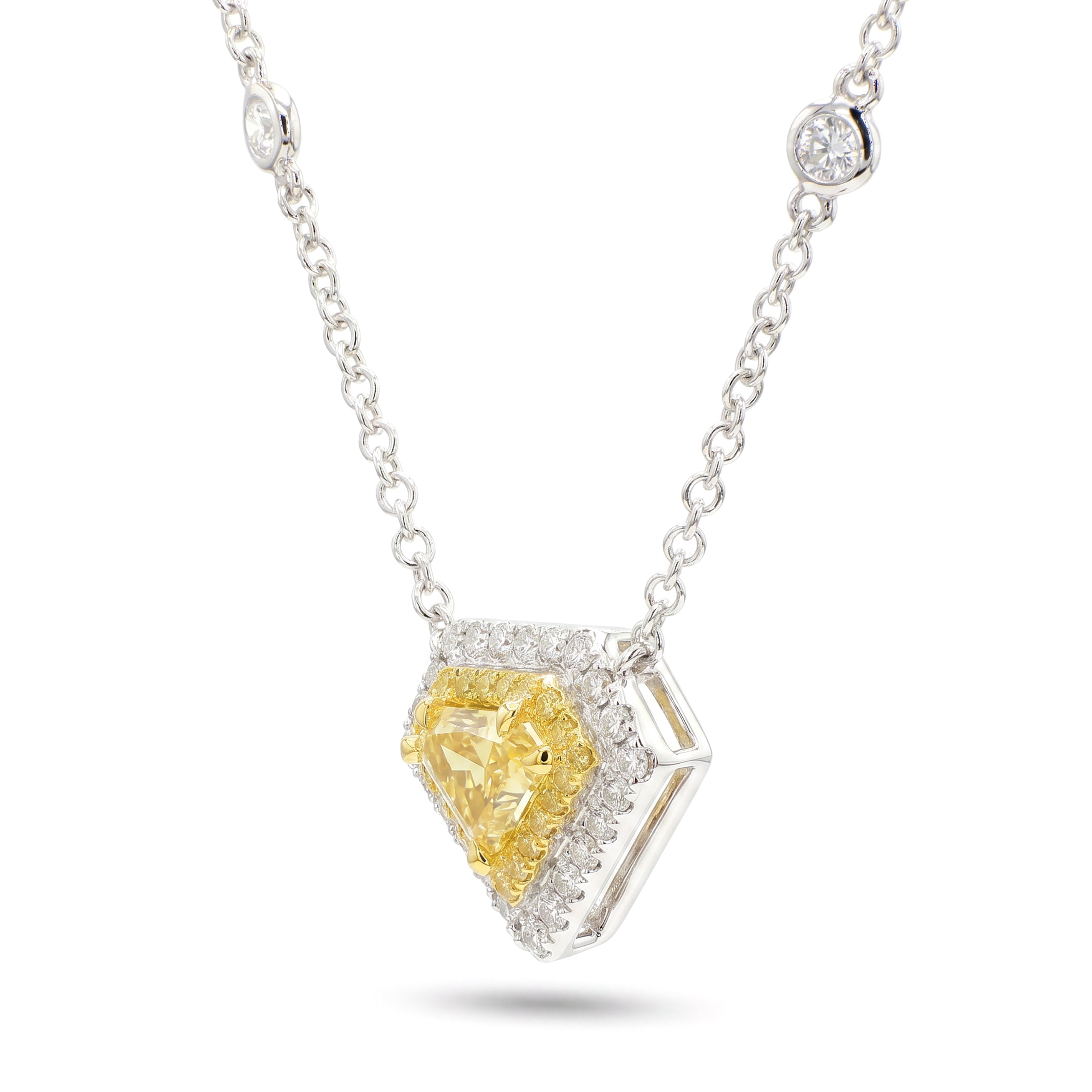 Natural Yellow Shield Diamond Halo Necklace | GIA Certified