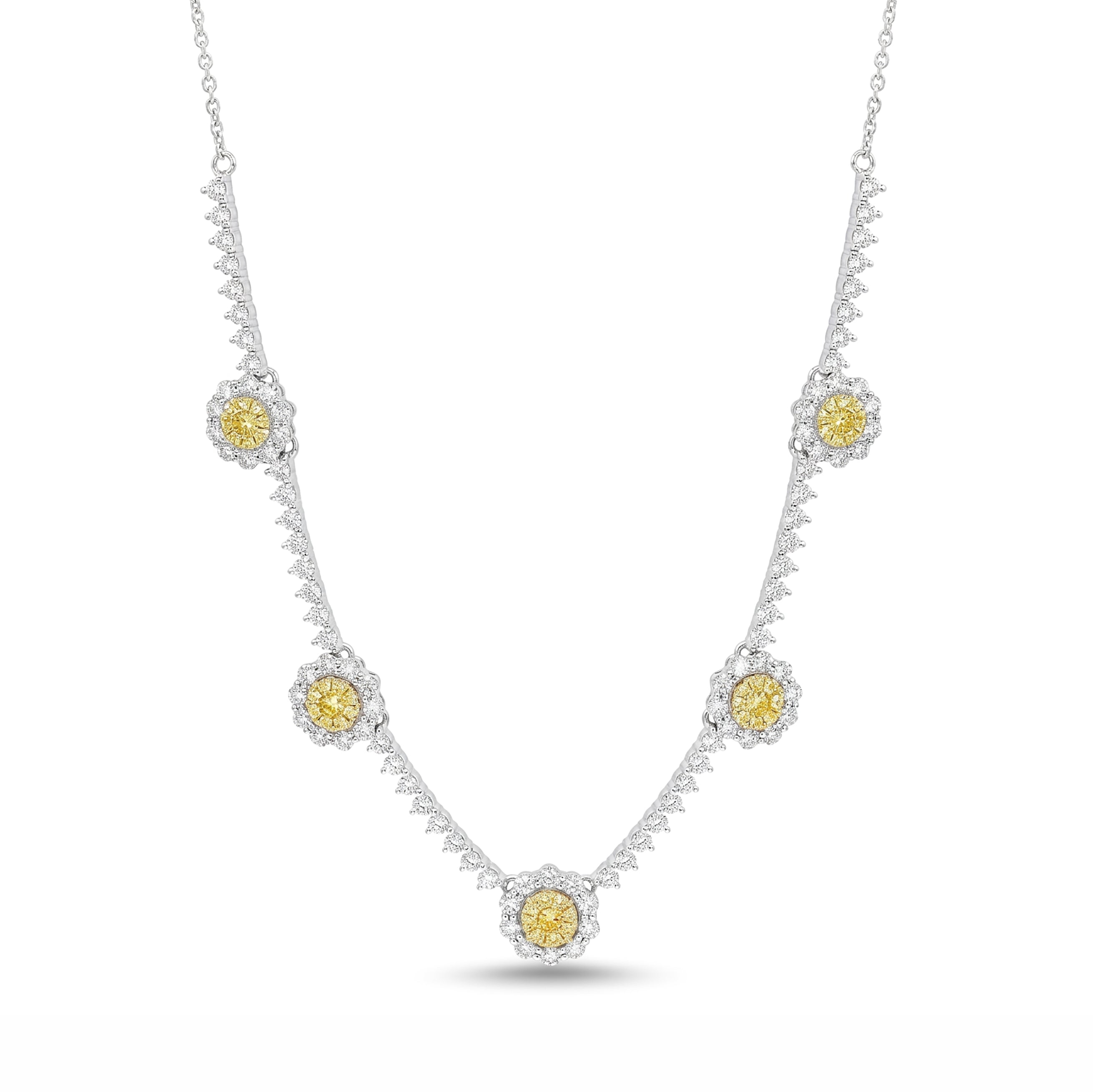 Natural Yellow & White Diamond Halo Station Necklace