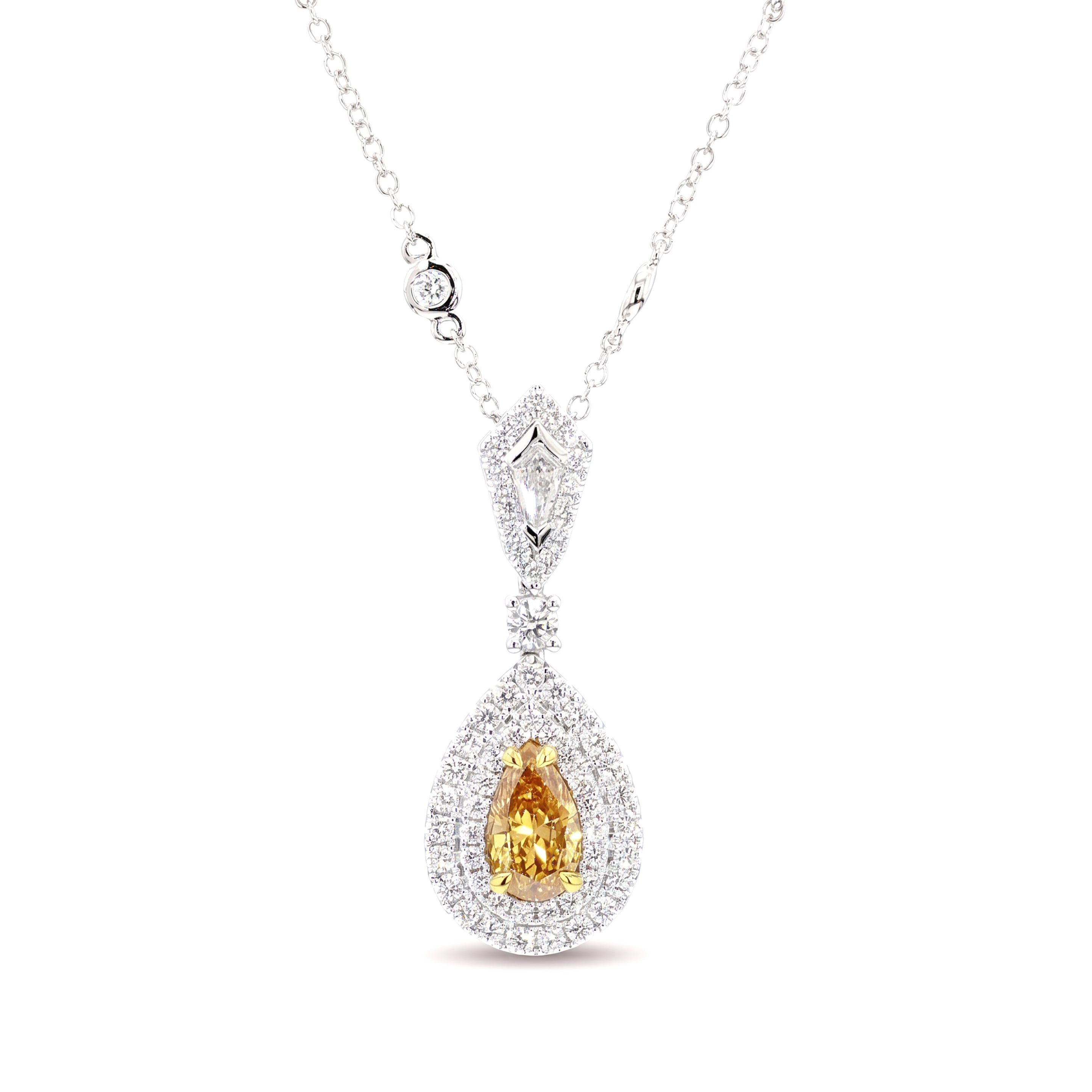 Natural Orange Pear Diamond Halo Drop Necklace | GIA Certified