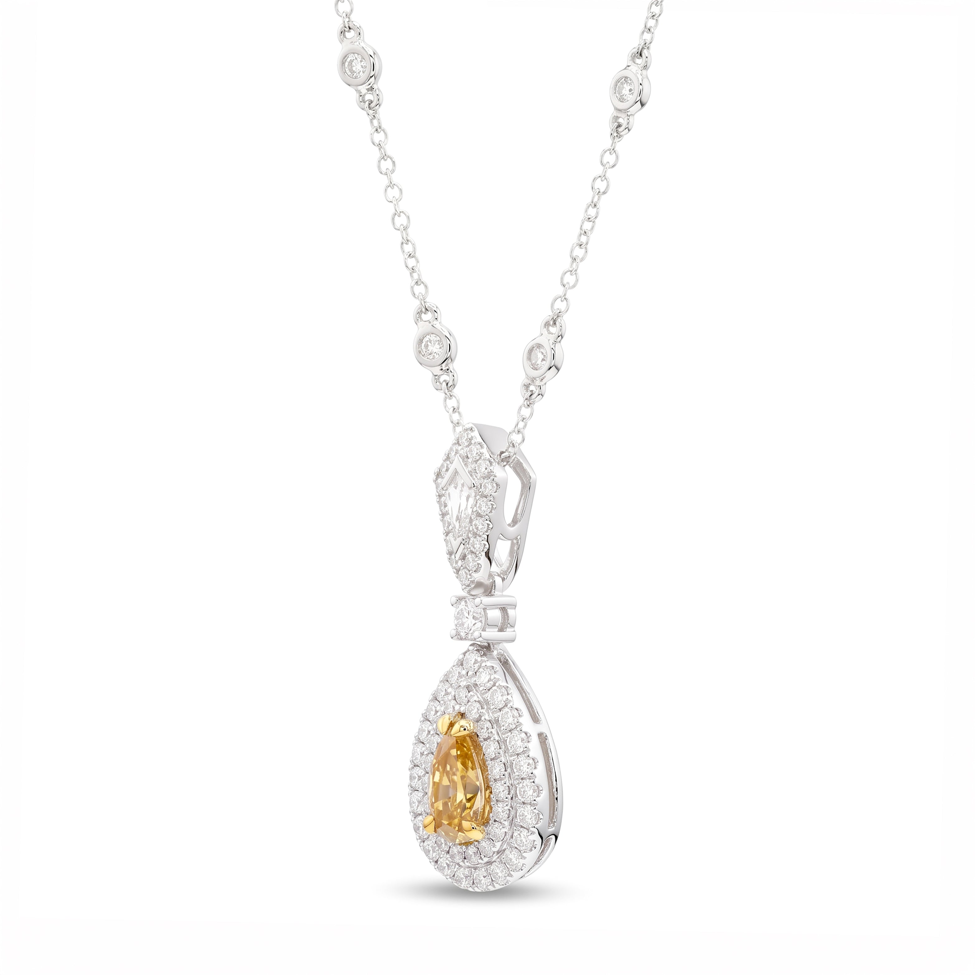 Natural Orange Pear Diamond Halo Drop Necklace | GIA Certified
