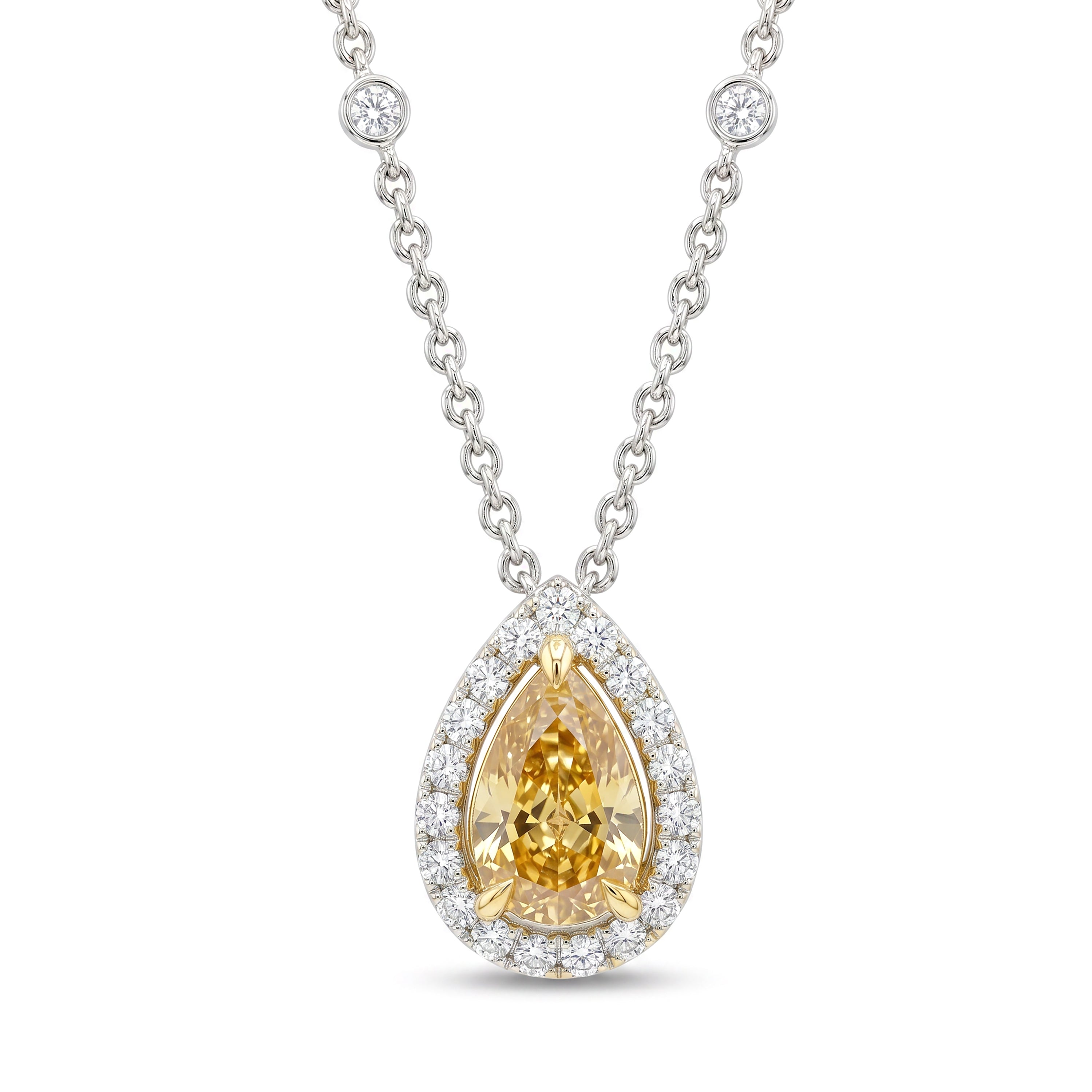 Natural Yellow Pear Diamond Halo Necklace | GIA Certified