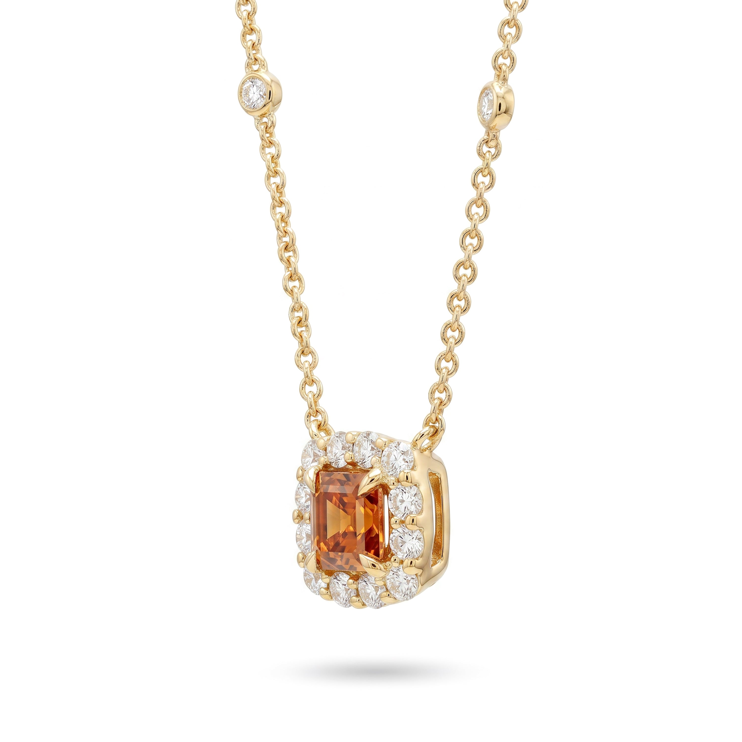 Natural Orange Asscher Diamond Halo Necklace | GIA Certified